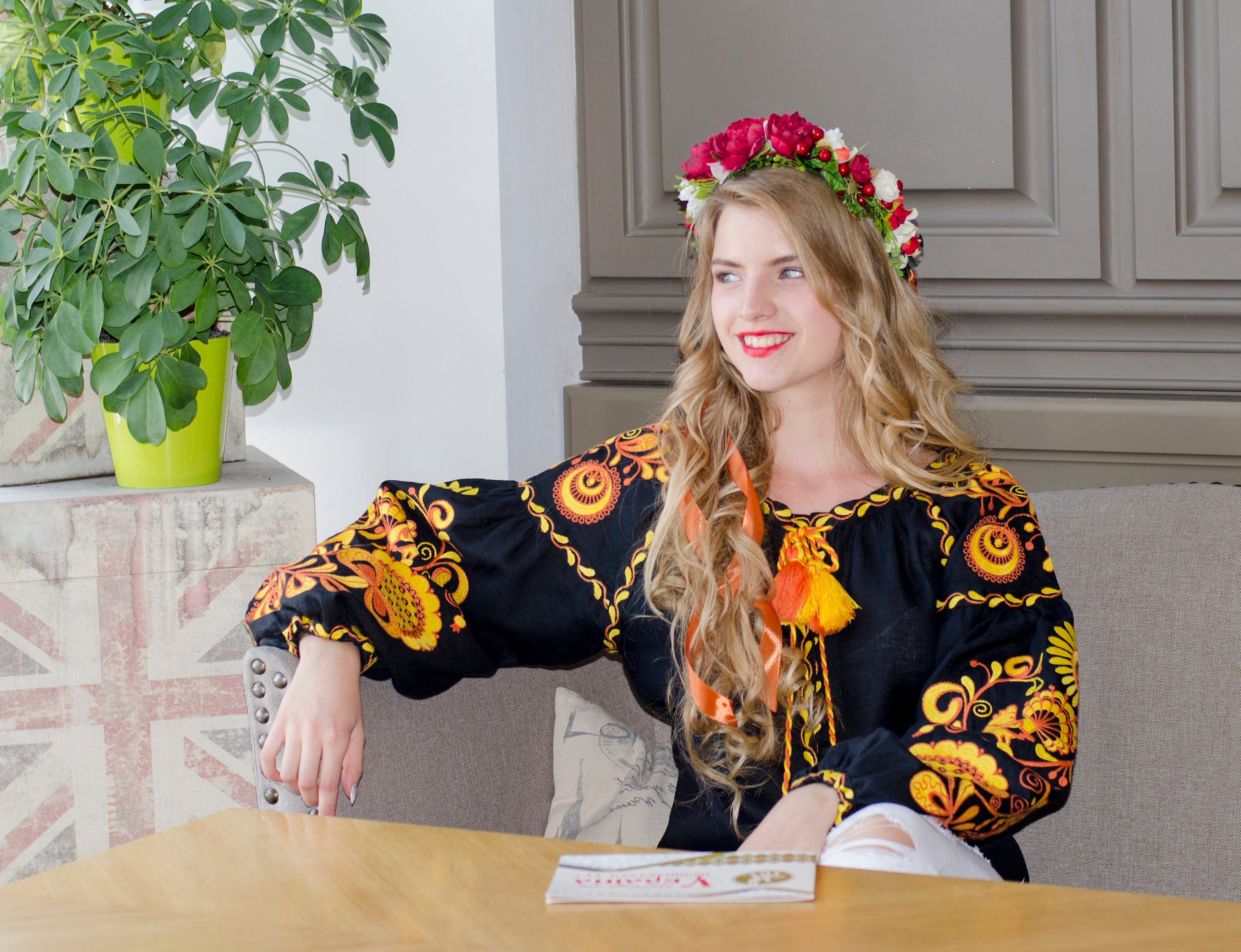 Black Ukrainian Vyshyvanka Blouse - Embroidered Bohemian Ethnic Shirt