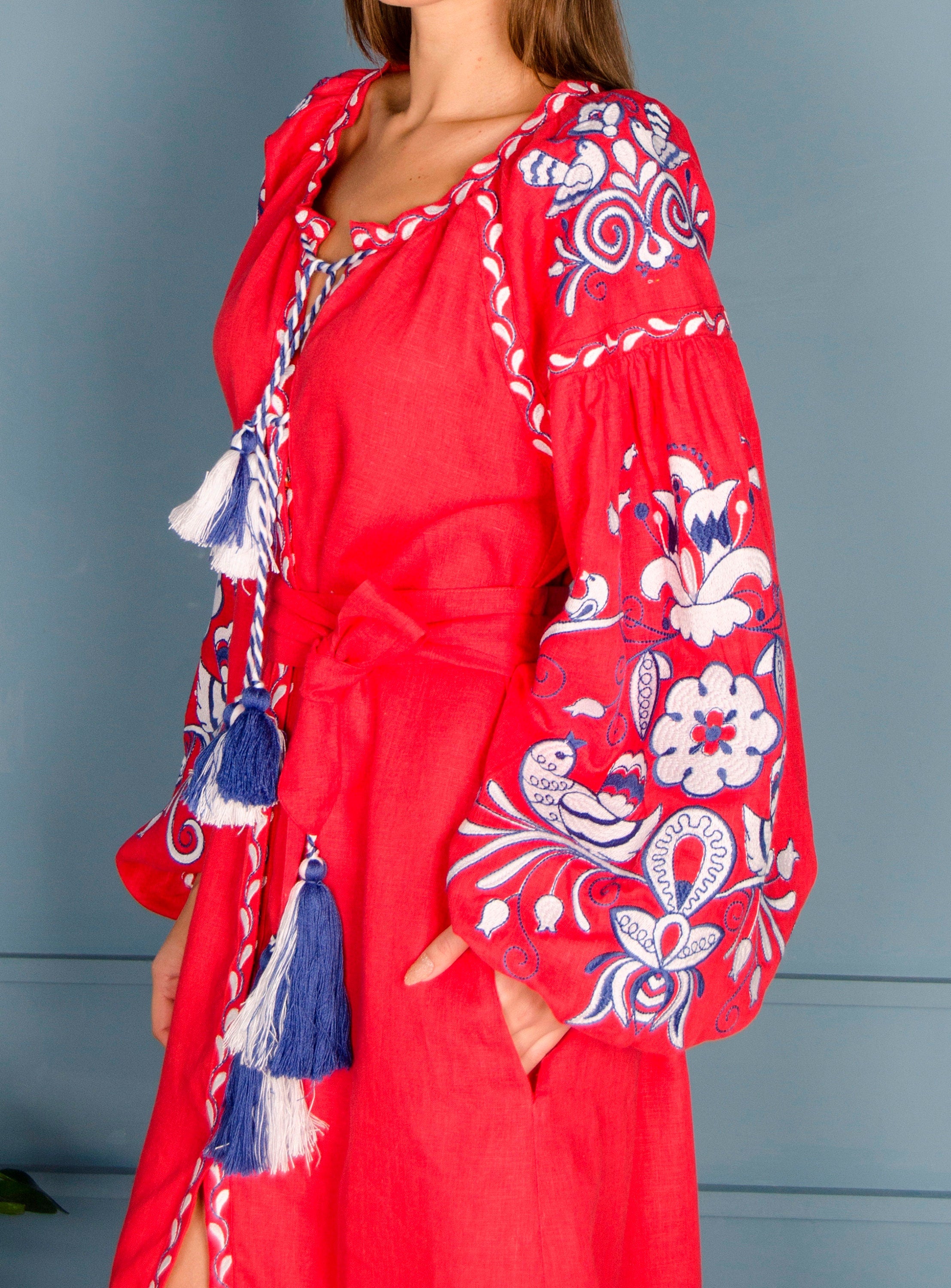 Ukrainian Vyshyvanka Embroidered Red Linen Dress for Women