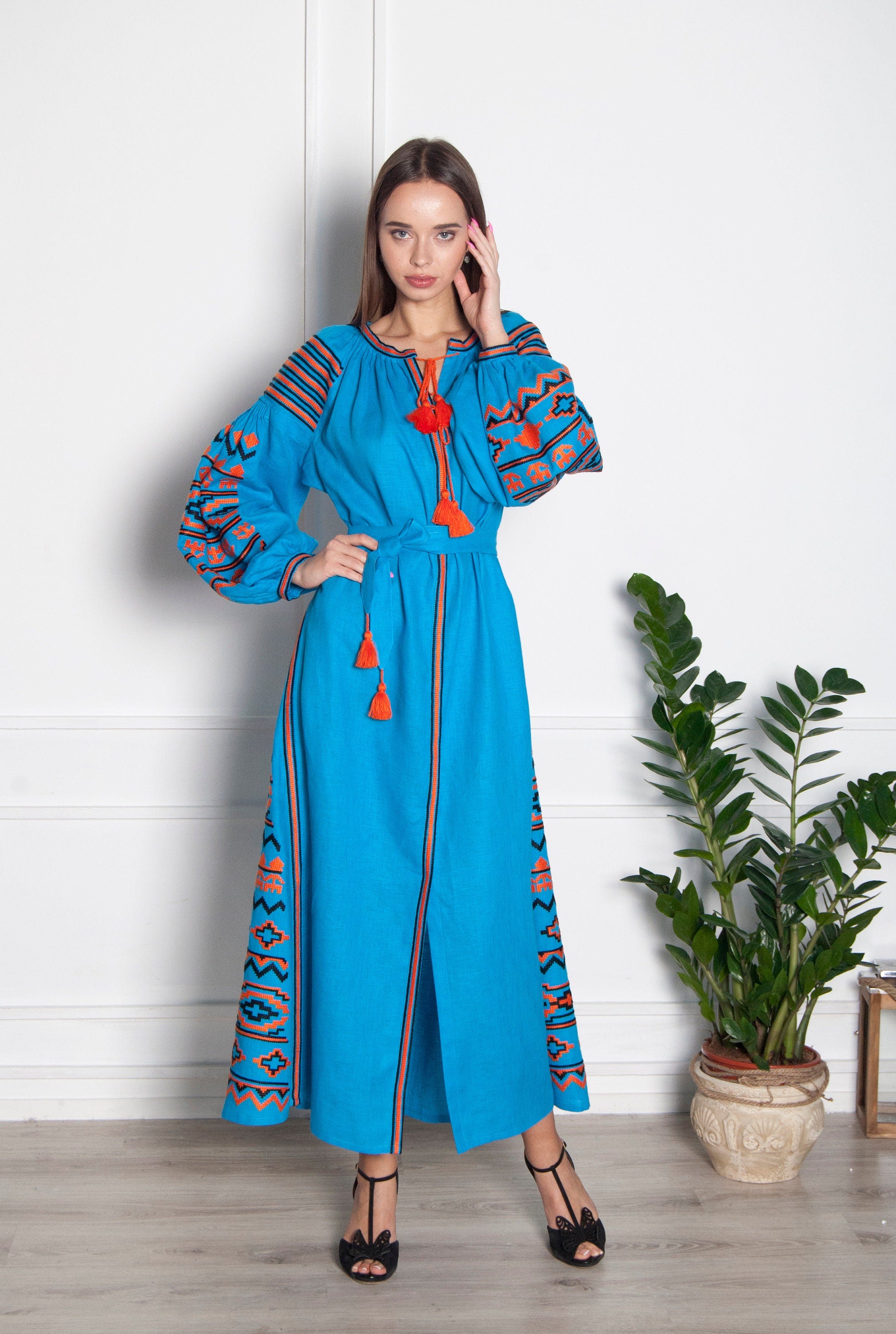 Linen Ukrainian Vyshyvanka Dress - Embroidered Women's Attire