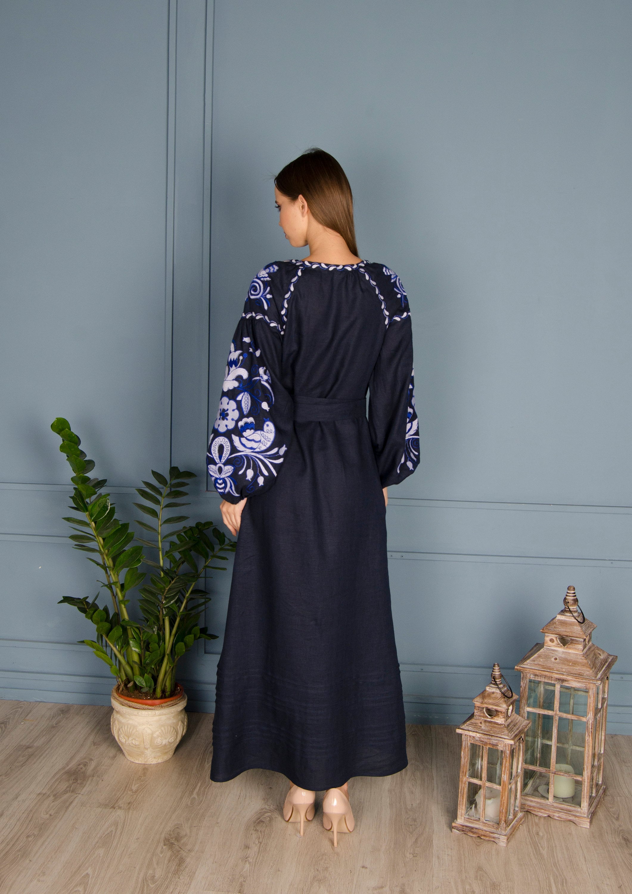 Blue Embroidered Ukrainian Vyshyvanka Dress - Boho Linen Dress for Women