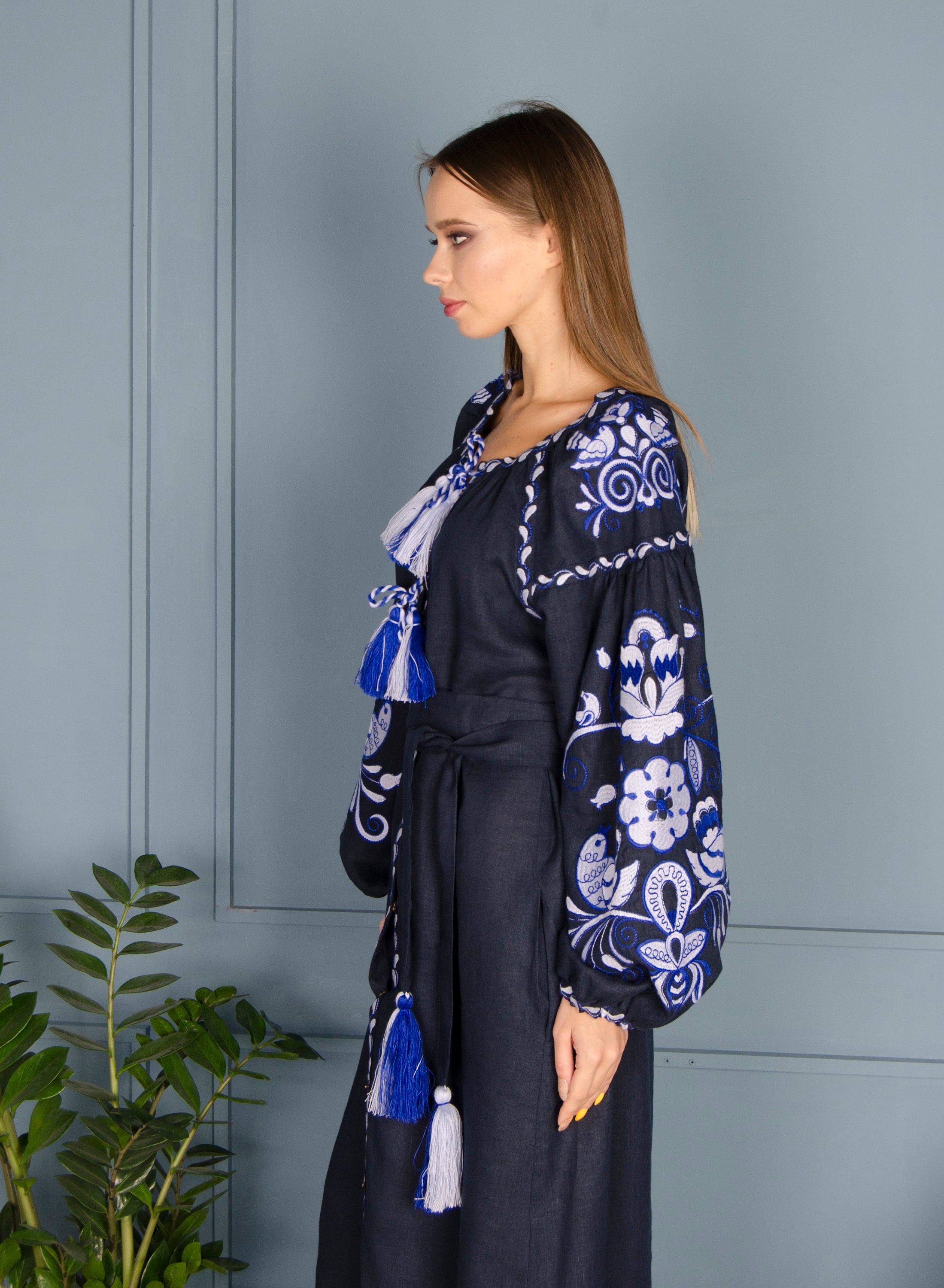 Blue Embroidered Ukrainian Vyshyvanka Dress - Boho Linen Dress for Women