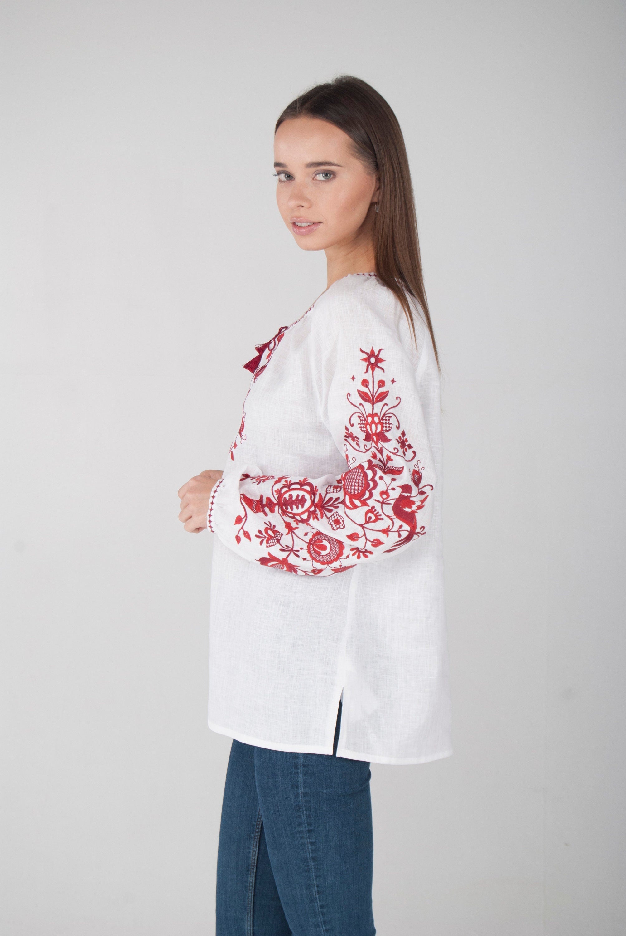 Ukrainian Embroidered Linen Vyshyvanka Blouse for Women