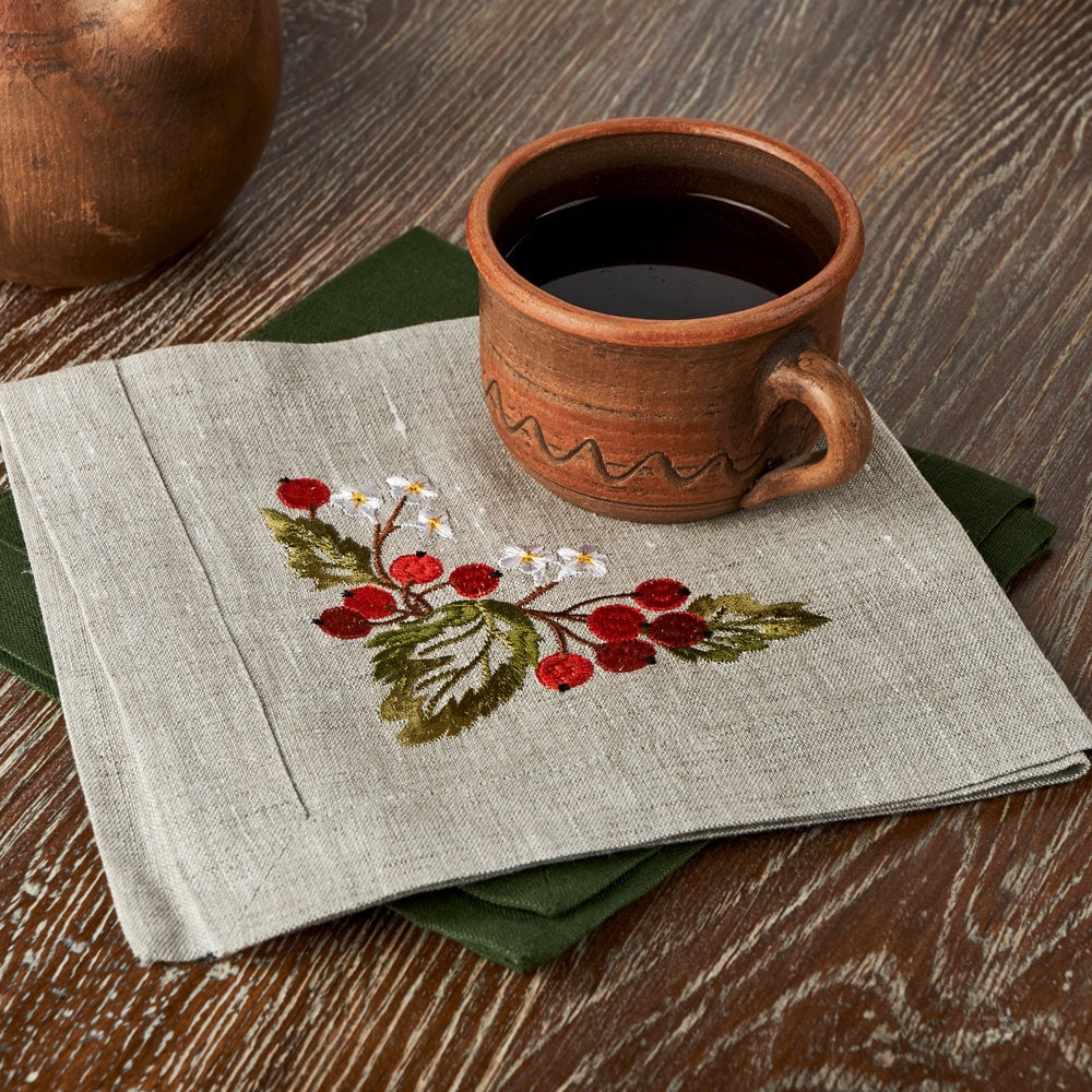 Embroidered Guelder Rose Napkin Linen 40x40 cm - Ukrainian Tablecloth for Easter