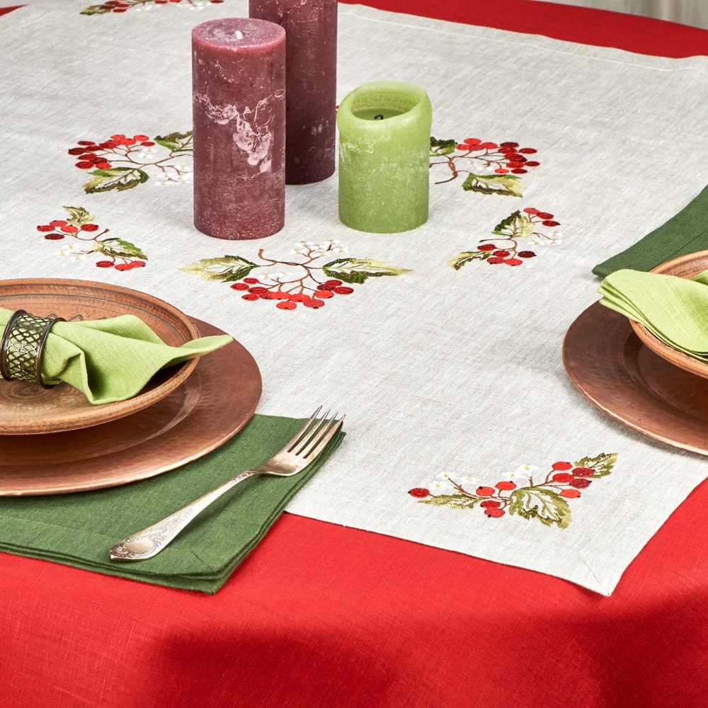 Kalyna Guelder Rose Tablecloth 88x88 cm - Ukrainian Embroidered Table Runner