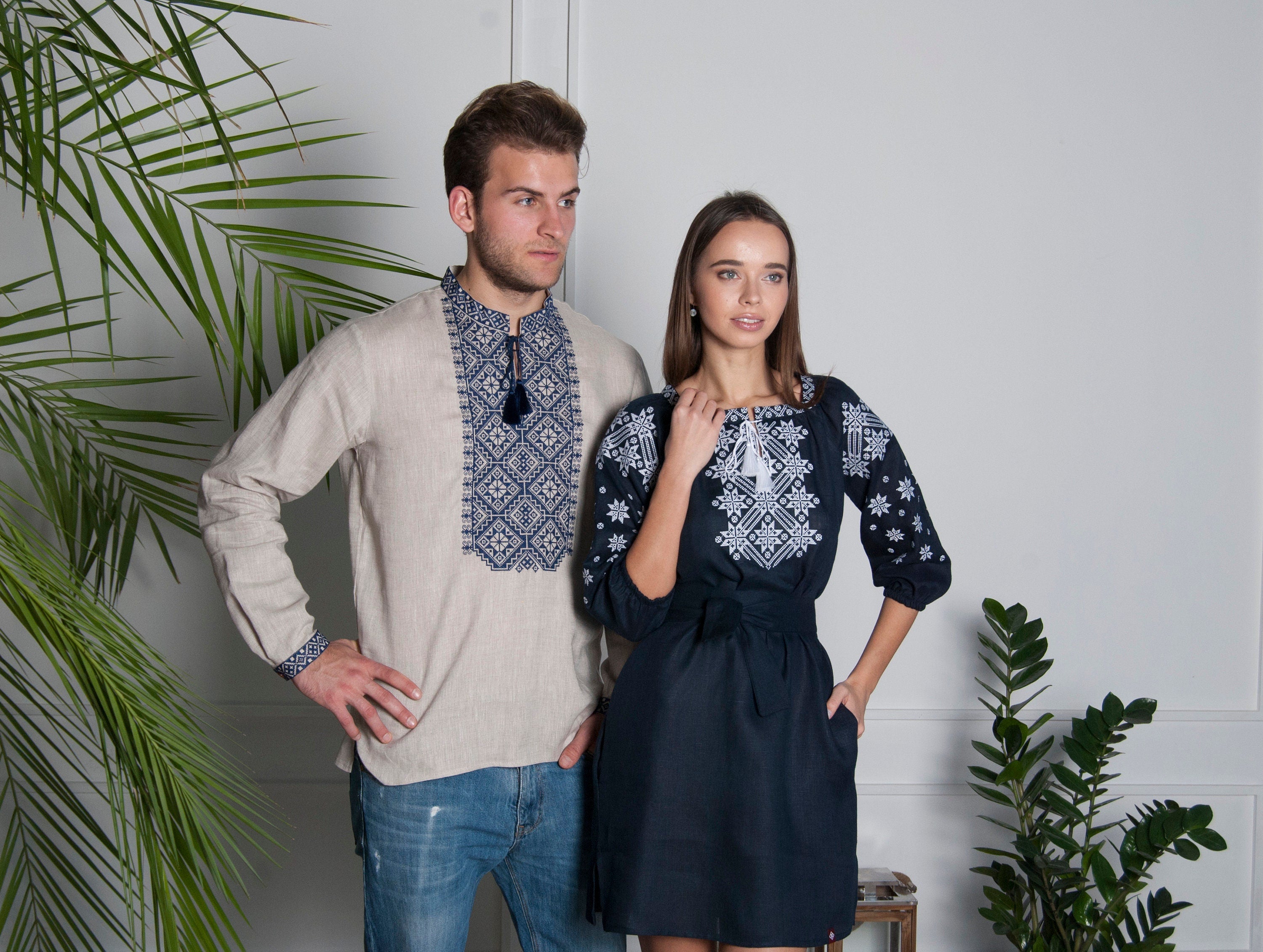 Blue Linen Embroidered Ukrainian Vyshyvanka Dress - Traditional Clothing for Women