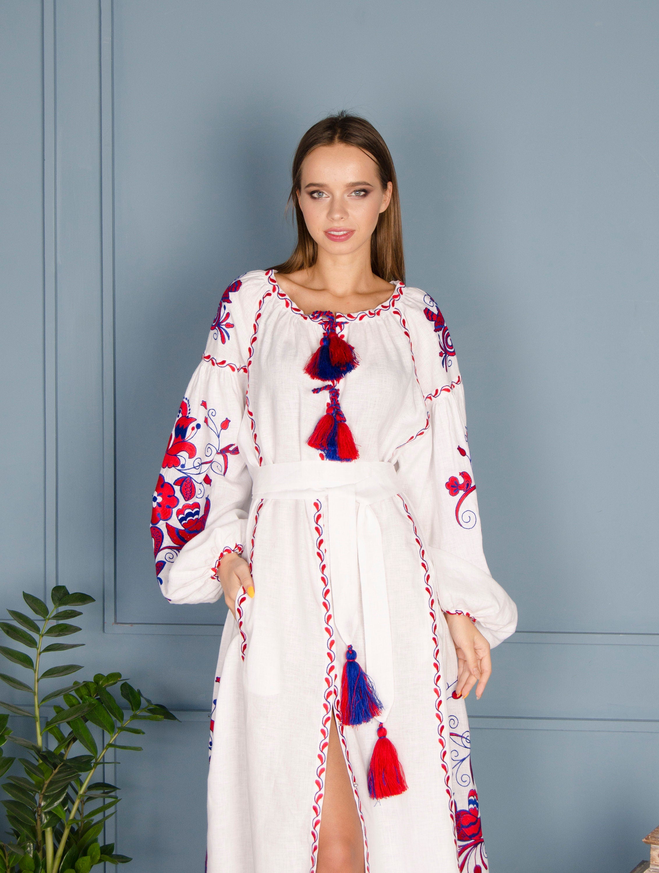Boho Ukrainian Vyshyvanka Linen Embroidered Dress