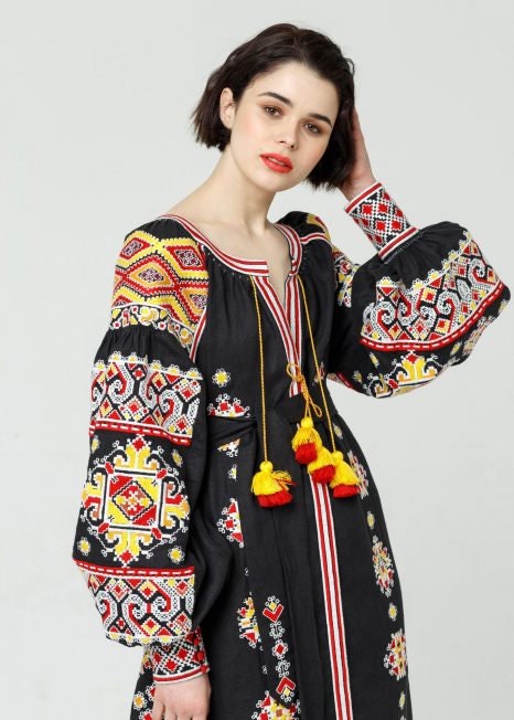 Linen Black Embroidered Ukrainian Vyshyvanka Dress - Boho Style