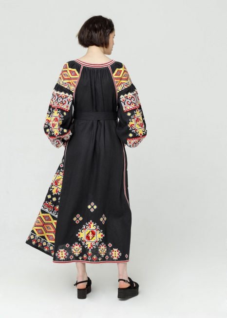 Linen Black Embroidered Ukrainian Vyshyvanka Dress - Boho Style