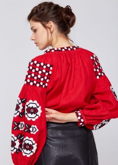 Red Linen Ukrainian Vyshyvanka Blouse - Embroidered Women's Shirt for Easter