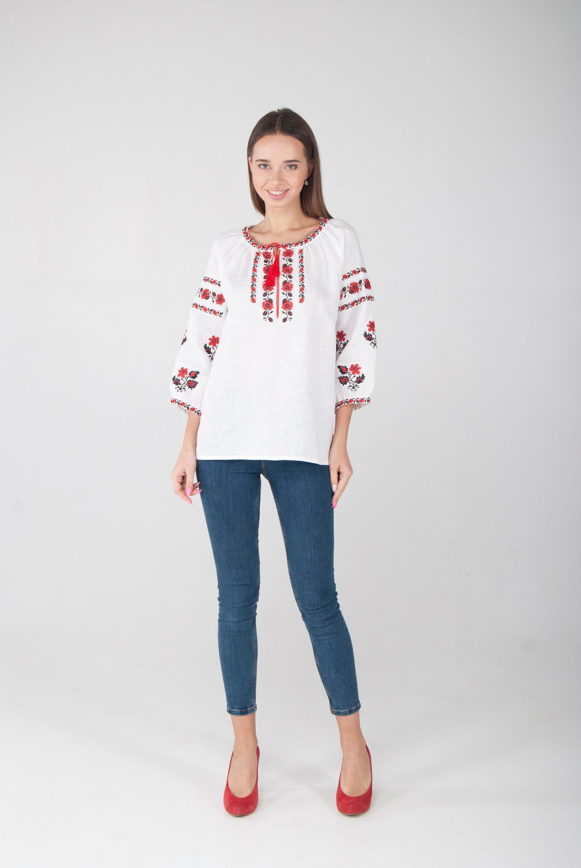 Ukrainian Vyshyvanka Linen Blouse - Embroidered White Shirt for Women