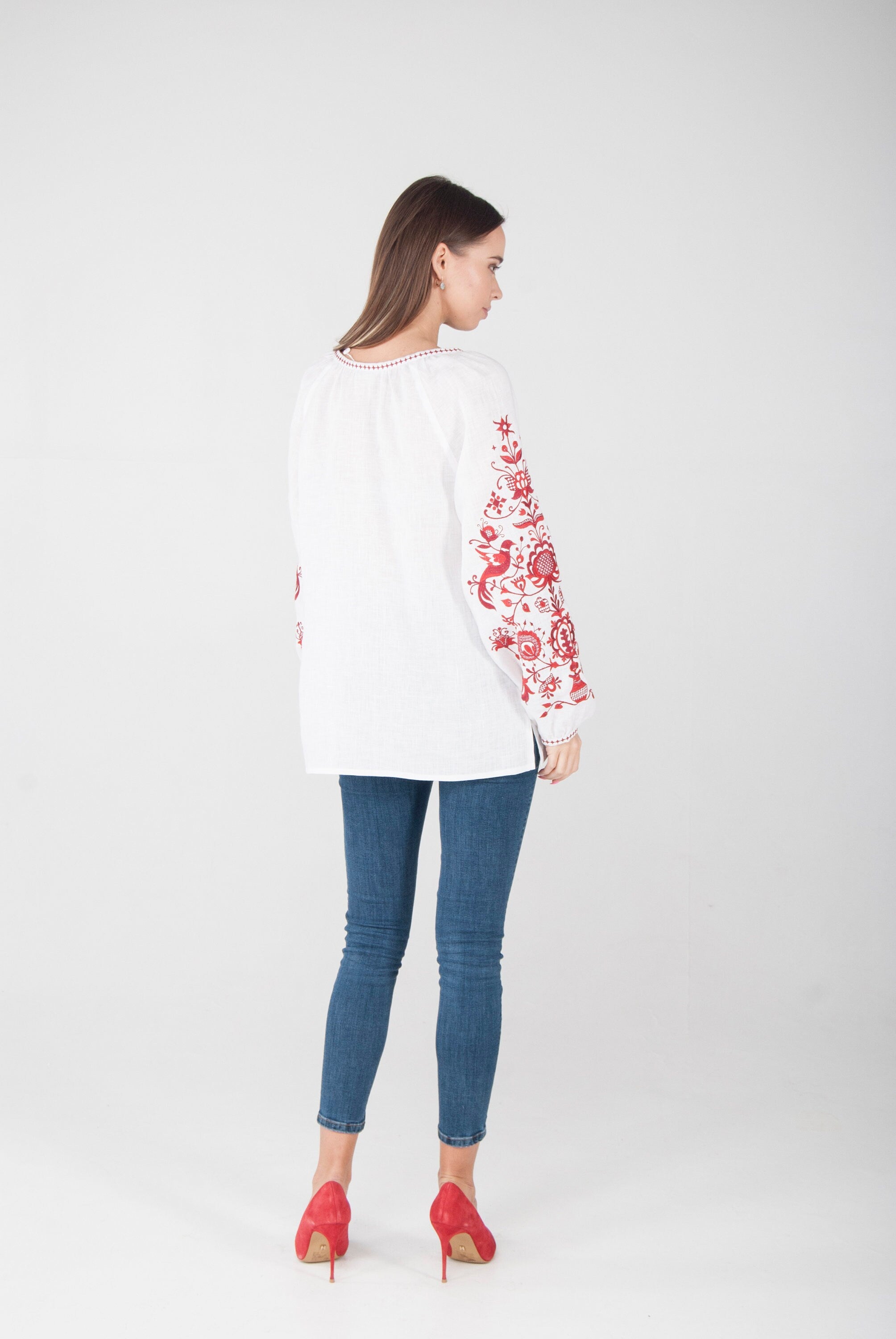 Embroidered Ukrainian Vyshyvanka Blouse - Tree of Life White Linen Shirt for Women