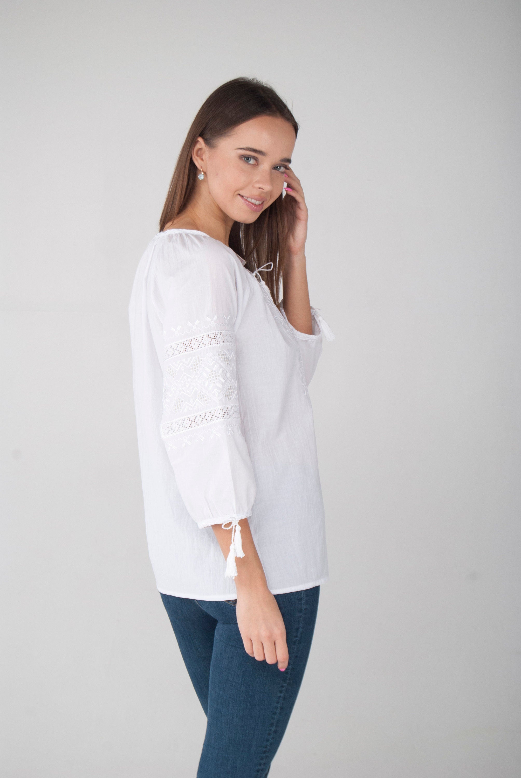 White-on-White Ukrainian Vyshyvanka Blouse - Embroidered Women’s Shirt