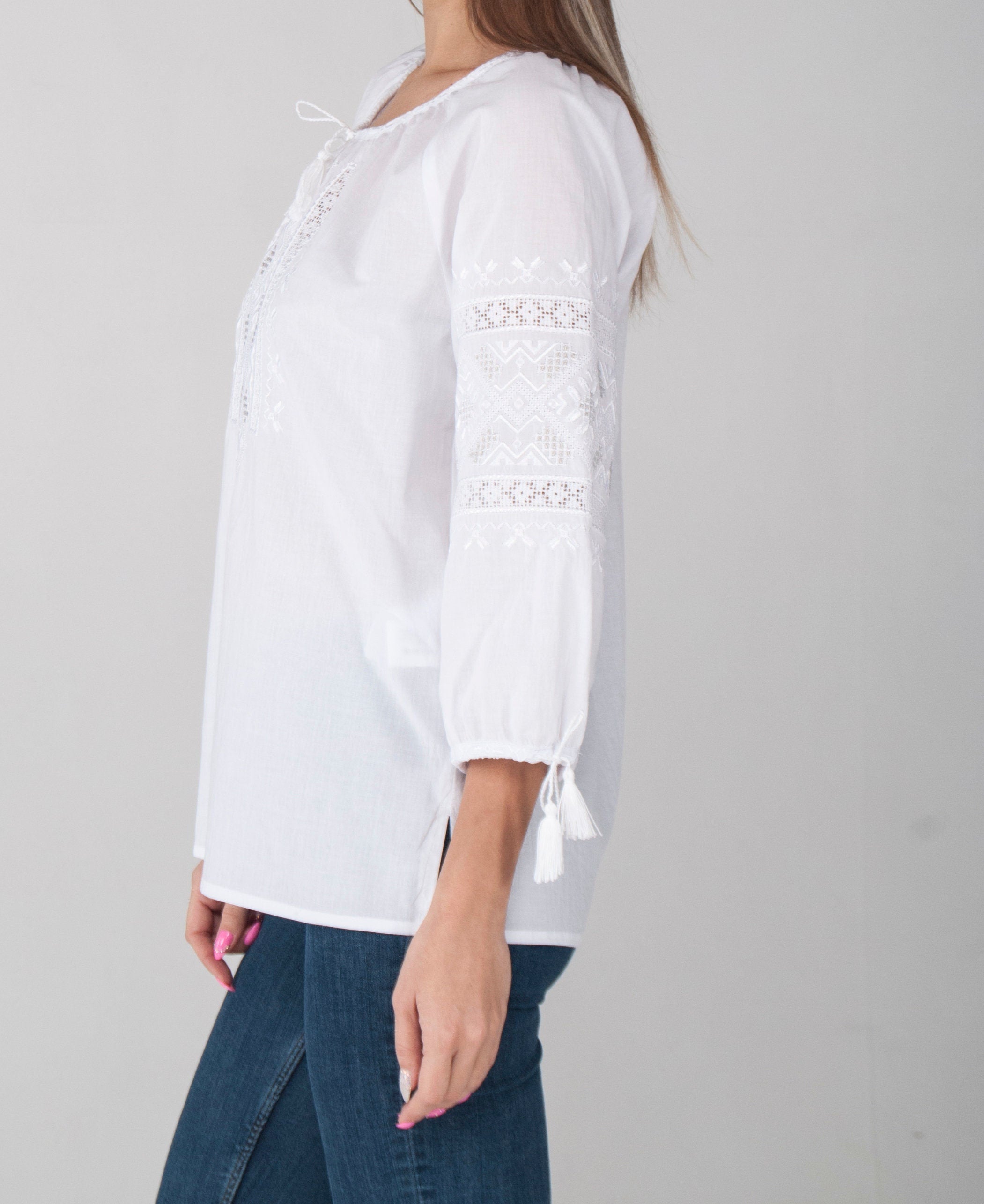 Ukrainian Vyshyvanka Blouse - White Embroidered Bohemian Ethnic Shirt