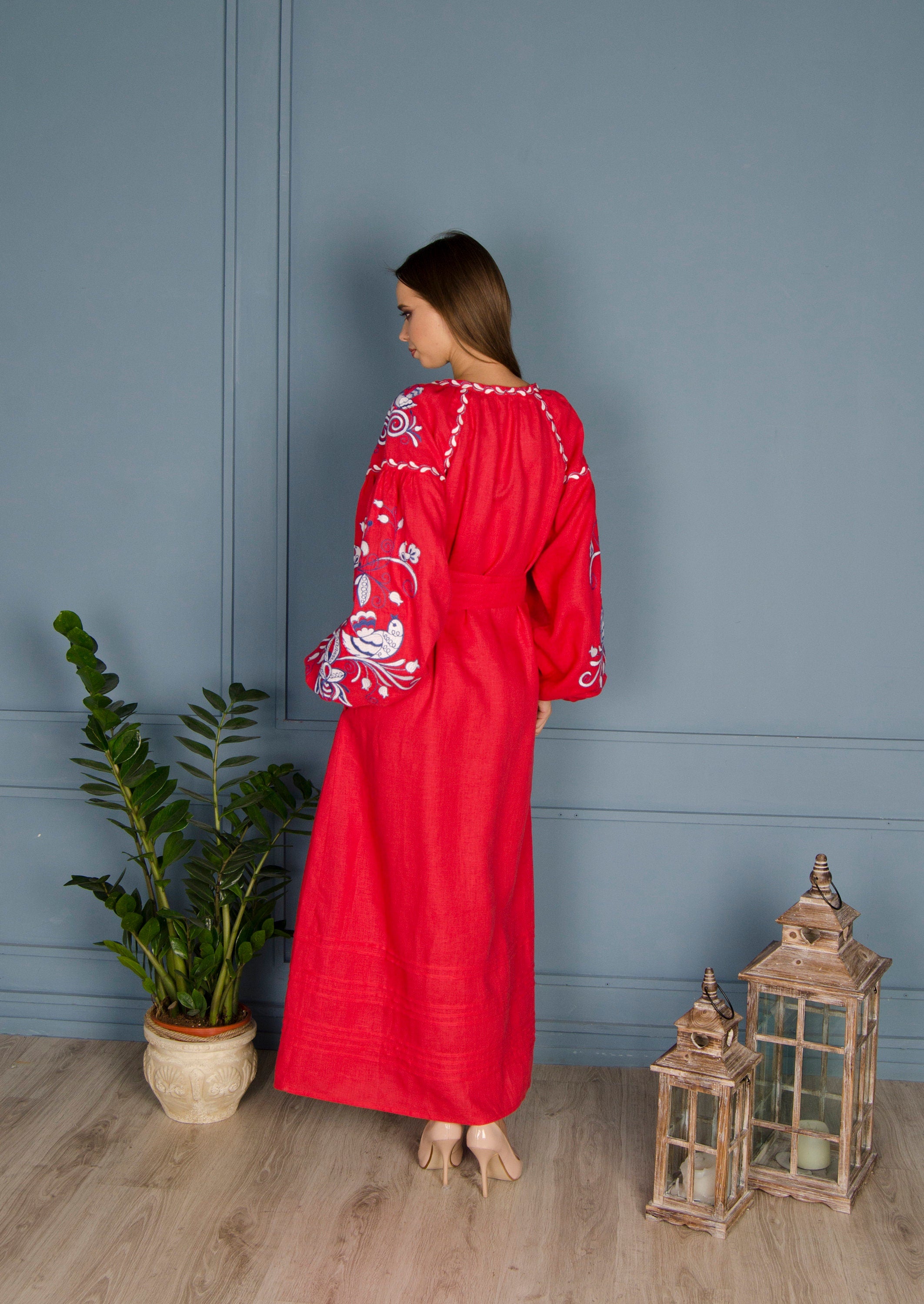 Ukrainian Vyshyvanka Embroidered Red Linen Dress for Women