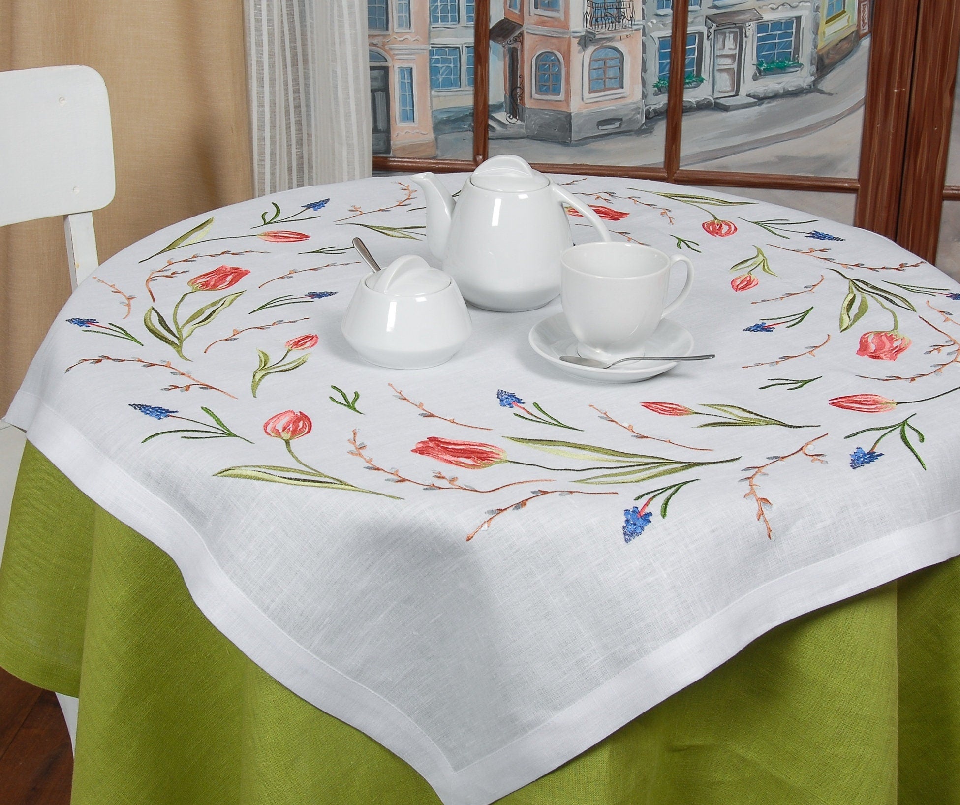 Embroidered Ukrainian Table Runner "TULIPS" 88x88 cm with 2 Napkins 40x40 cm for Easter