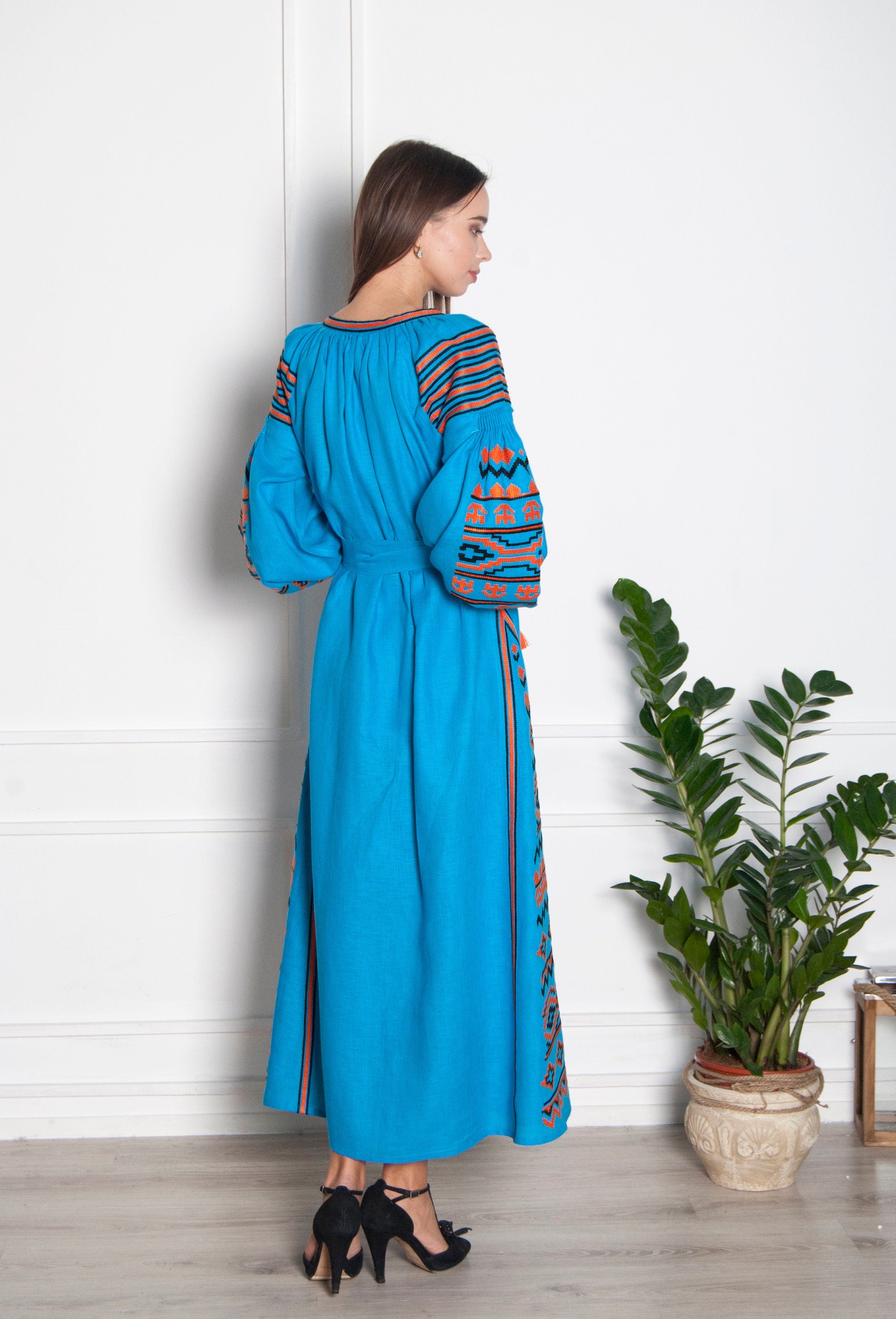 Linen Ukrainian Vyshyvanka Dress - Embroidered Women's Attire