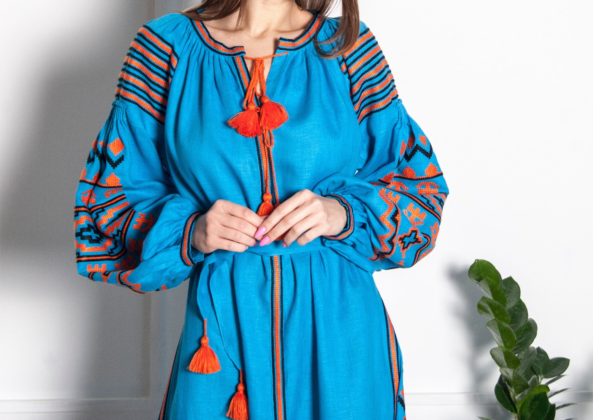 Linen Ukrainian Vyshyvanka Dress - Embroidered Women's Attire