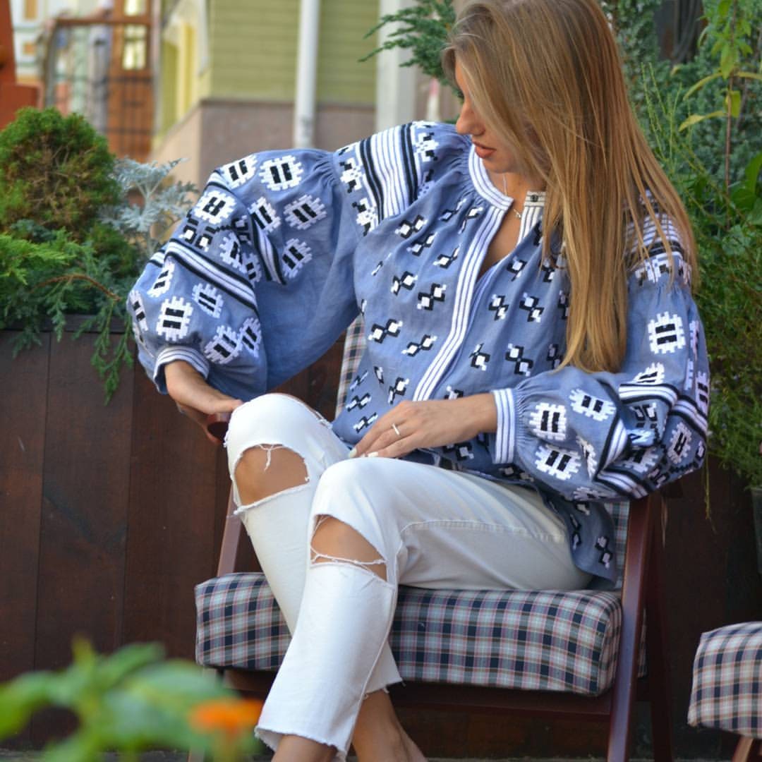 Ukrainian Vyshyvanka Blue Linen Embroidered Boho Blouse for Women