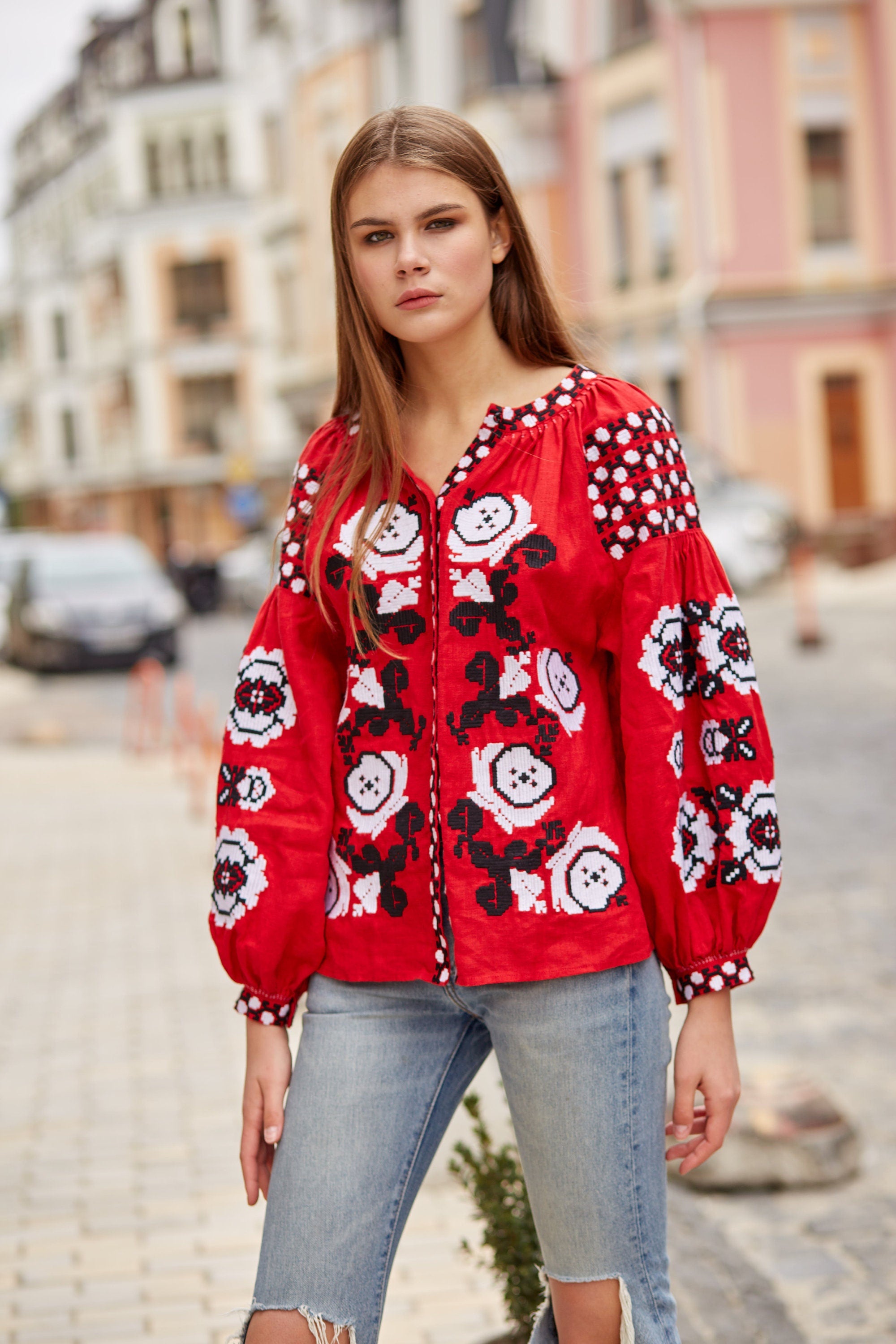 Red Linen Ukrainian Vyshyvanka Blouse - Embroidered Women's Shirt for Easter