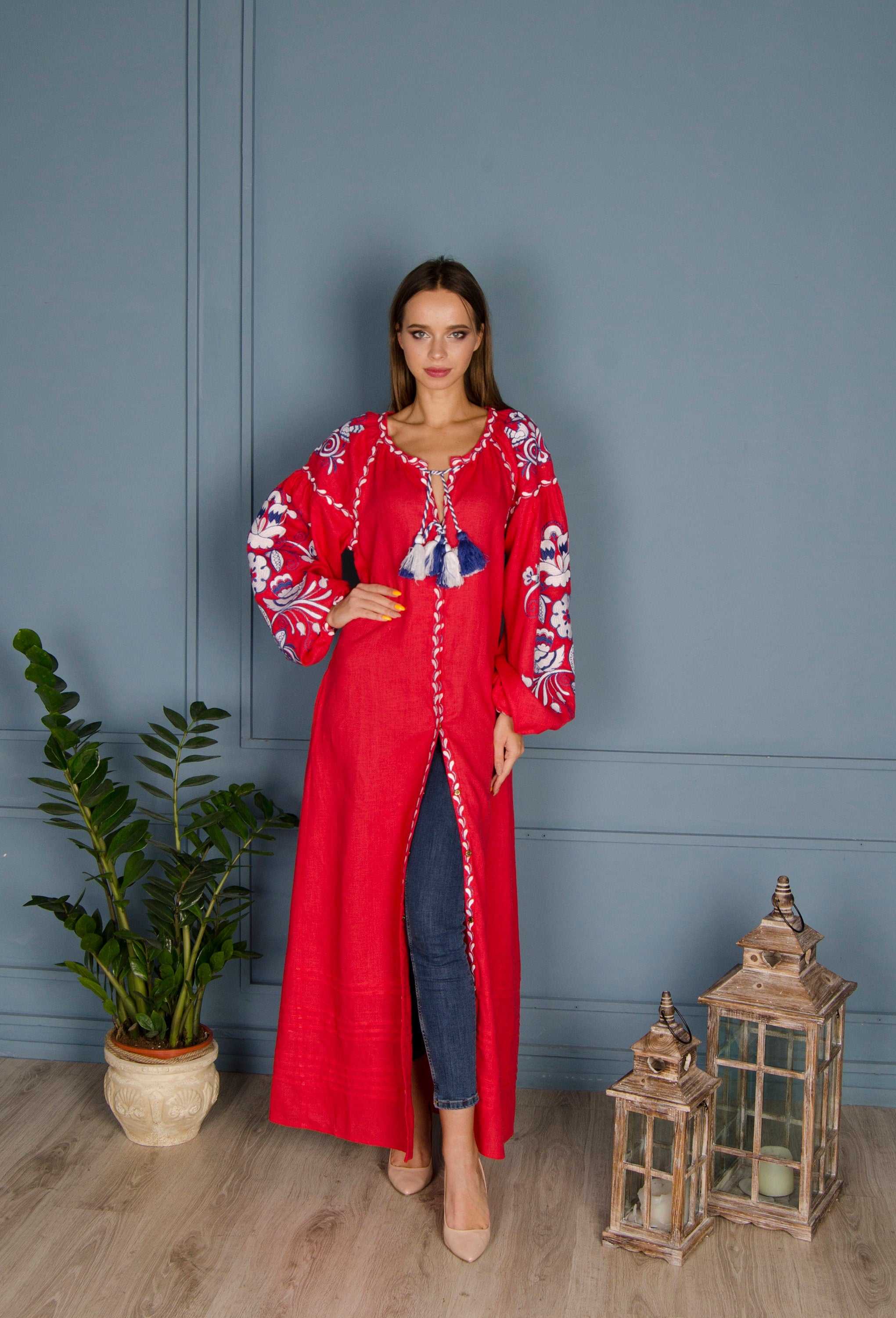 Ukrainian Vyshyvanka Linen Dress - Boho Red Embroidered Folk Style