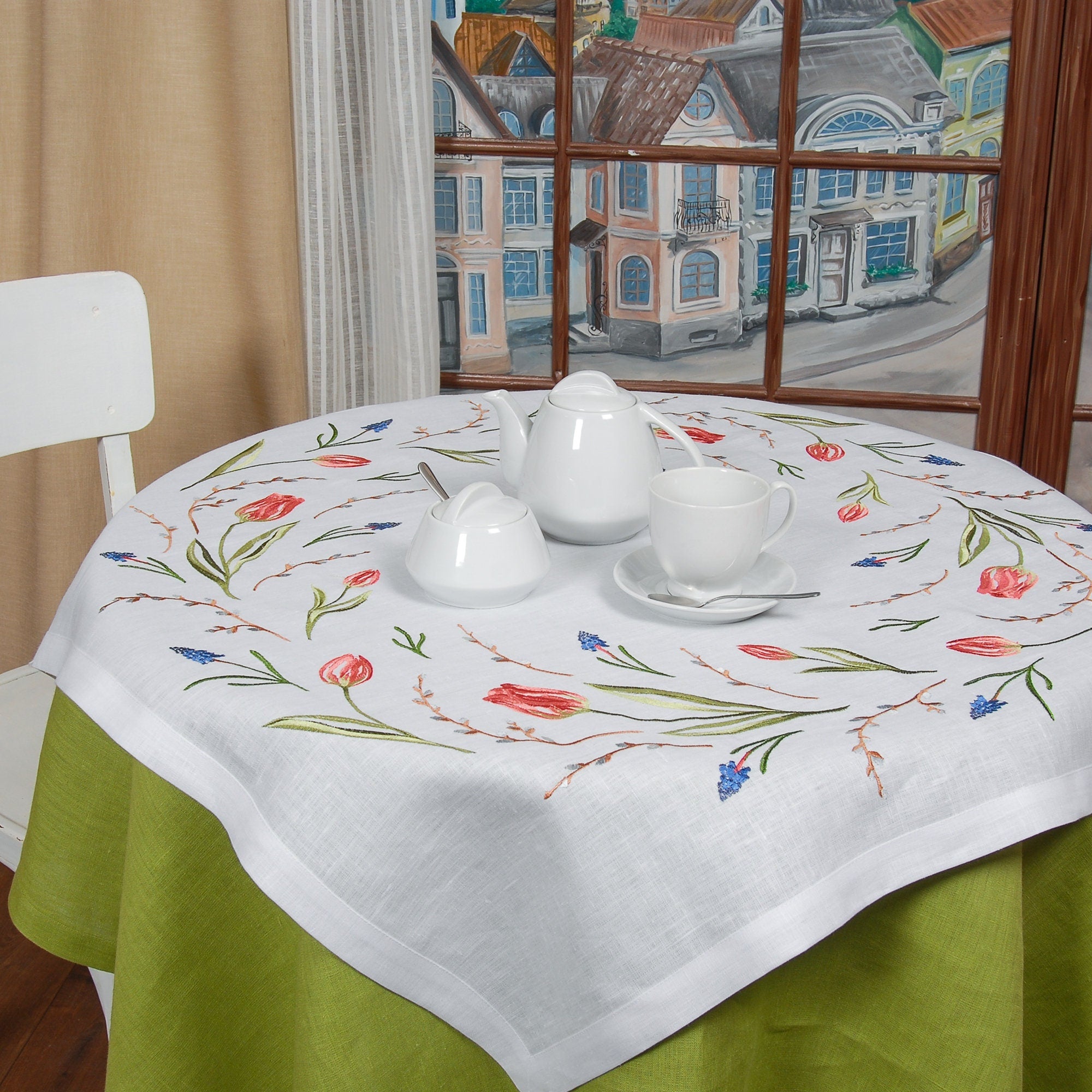 TULIPS Embroidered tablecloth White - Ukrainian Design