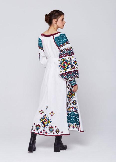 White Linen Wedding Dress, Ukrainian Vyshyvanka Boho Style