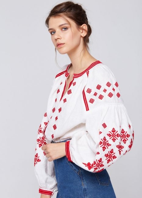 White Embroidered Ukrainian Linen Vyshyvanka Blouse - Boho Folk Style
