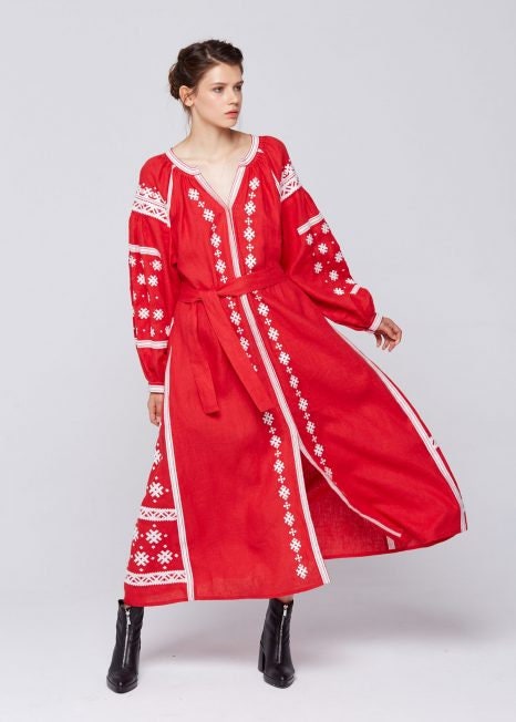 Red Ukrainian Vyshyvanka Boho Dress for Women