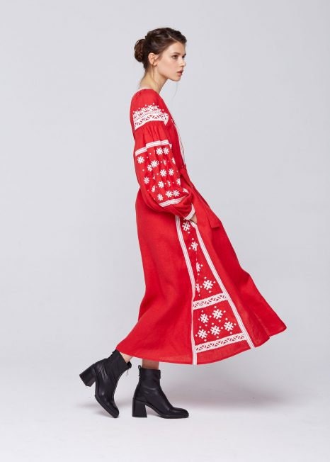 Red Ukrainian Vyshyvanka Boho Dress for Women