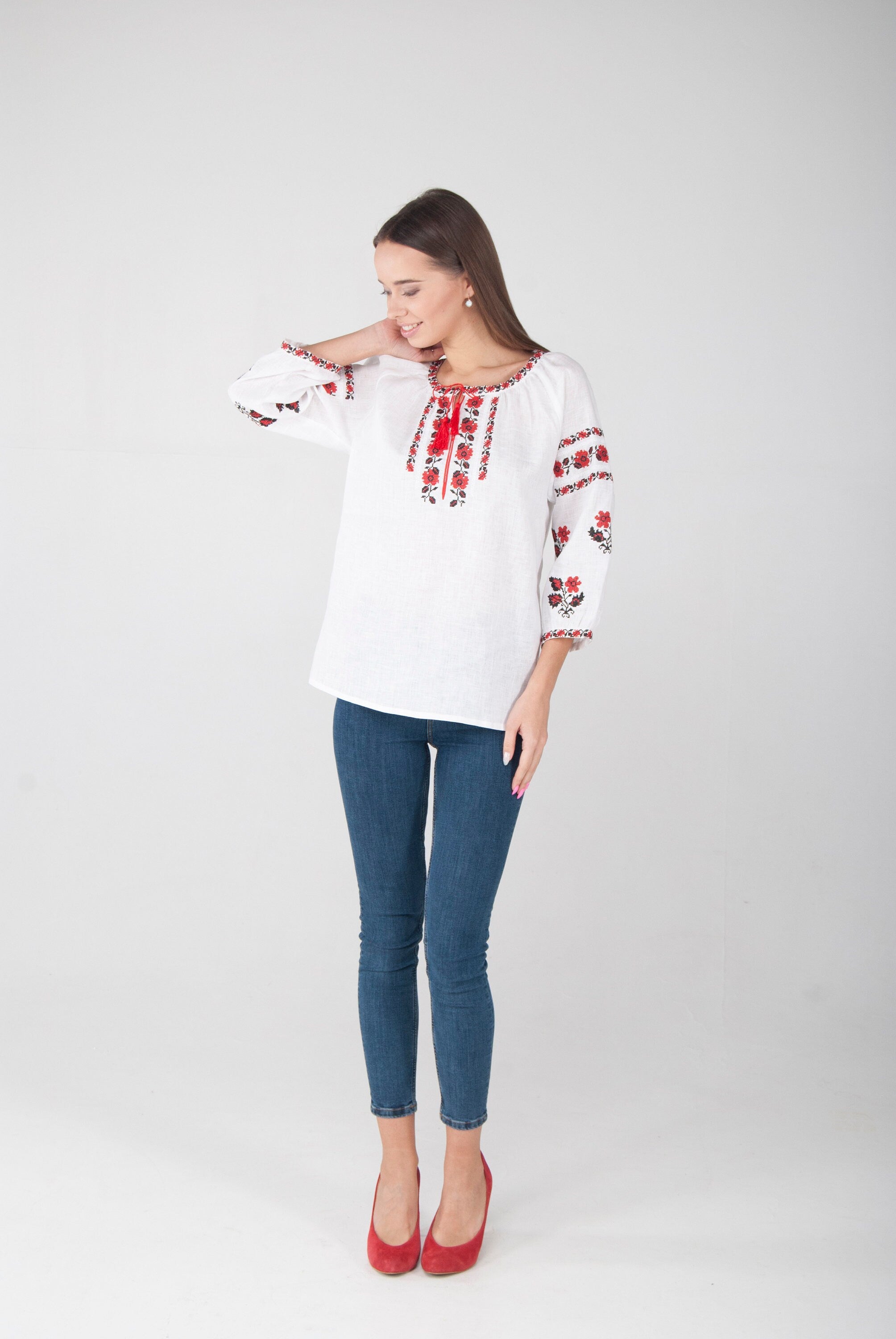 Ukrainian Vyshyvanka Linen Blouse - Embroidered White Shirt for Women