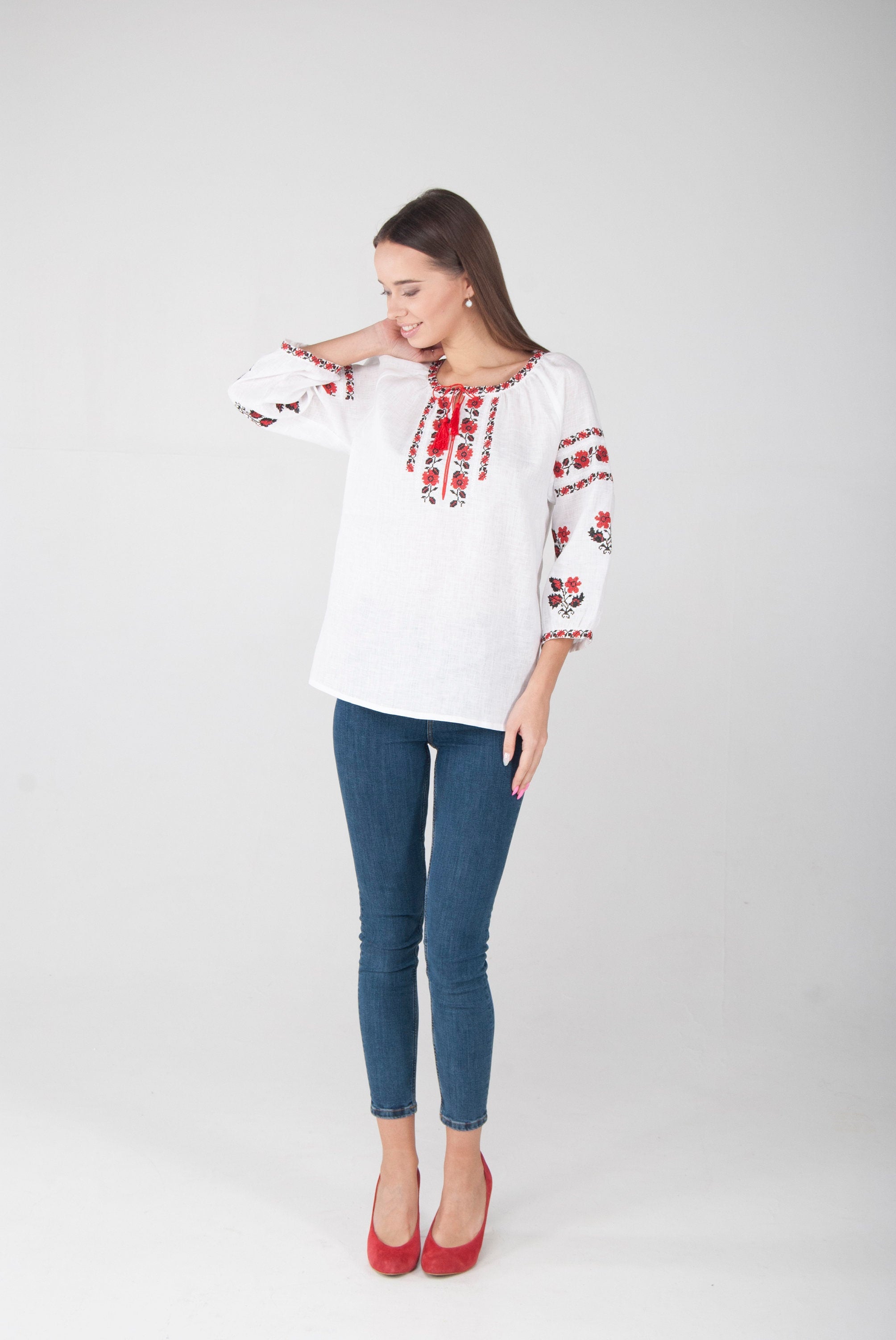 White Ukrainian Vyshyvanka Linen Blouse - Embroidered Women's Blouse
