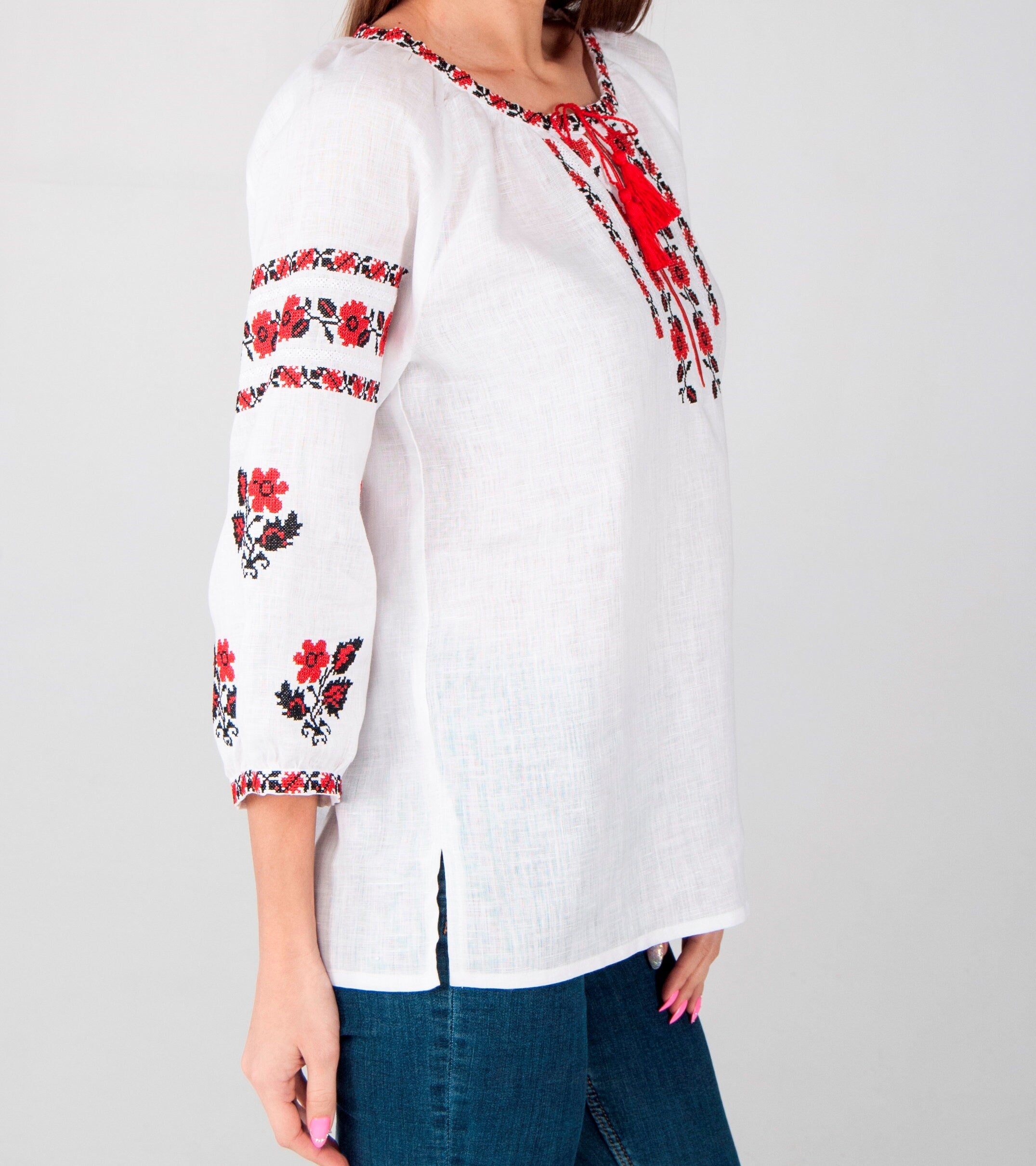 Ukrainian Vyshyvanka Linen Blouse - Embroidered White Shirt for Women