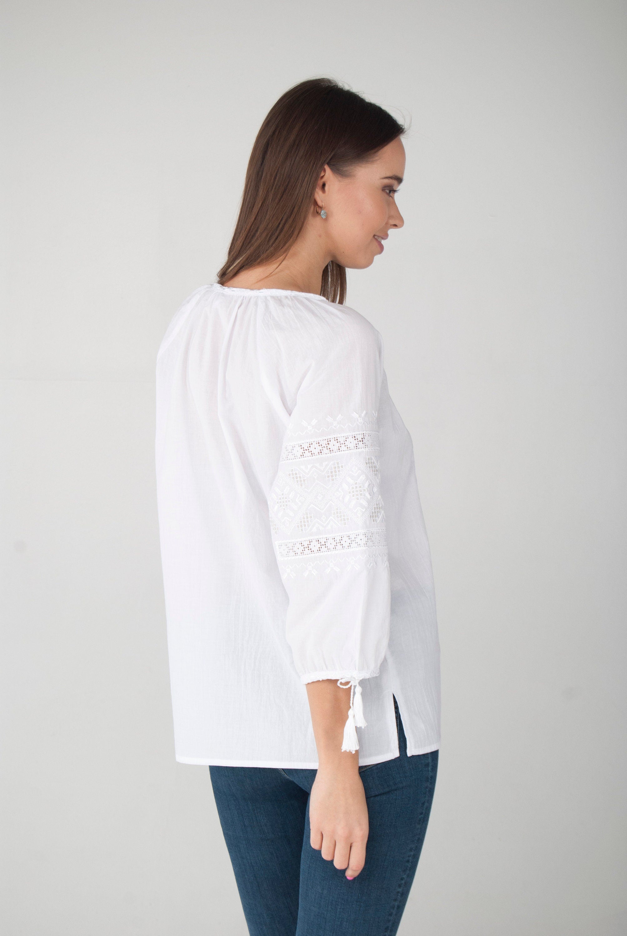 White-on-White Ukrainian Vyshyvanka Blouse - Embroidered Women’s Shirt