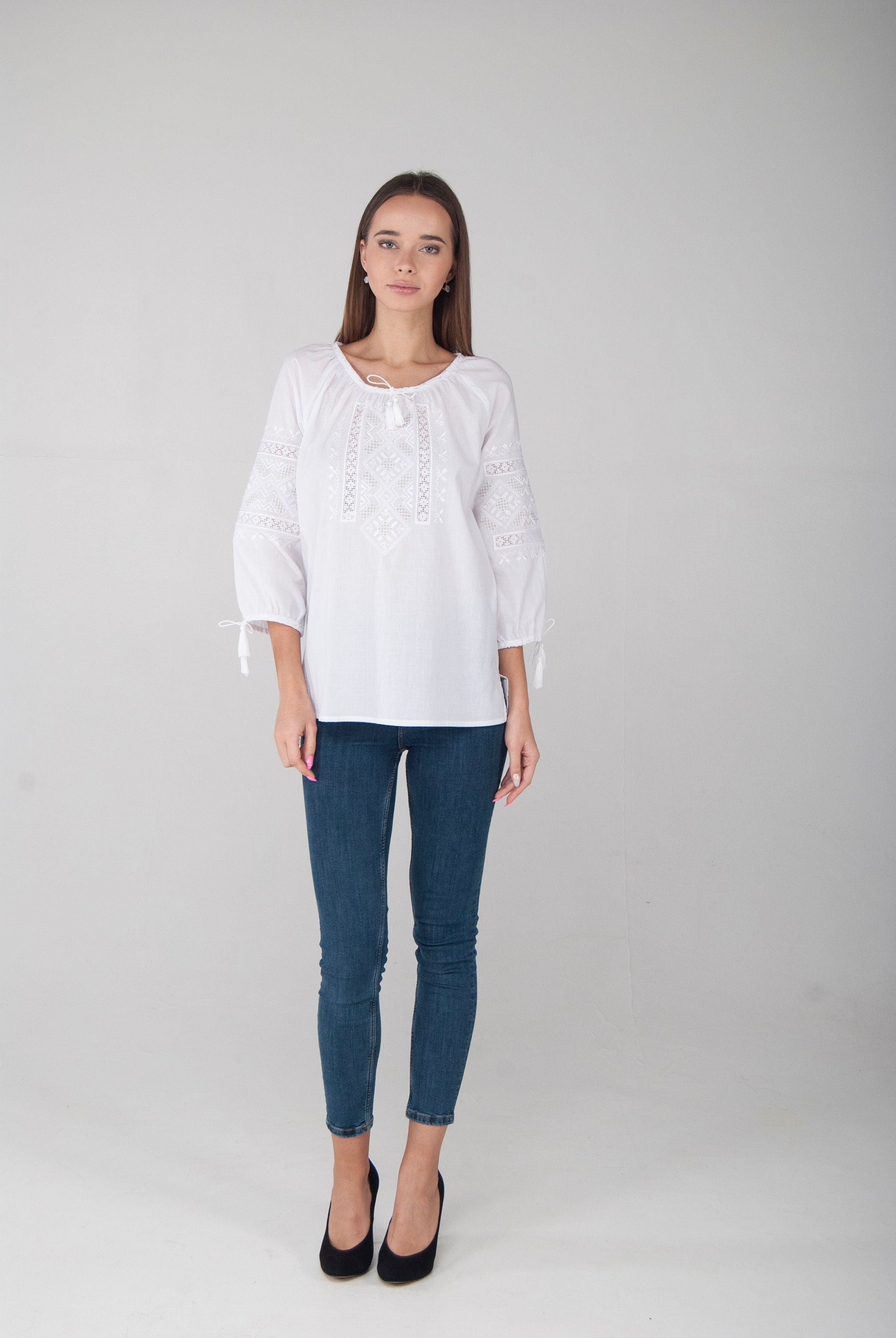 White-on-White Ukrainian Vyshyvanka Blouse - Embroidered Women’s Shirt