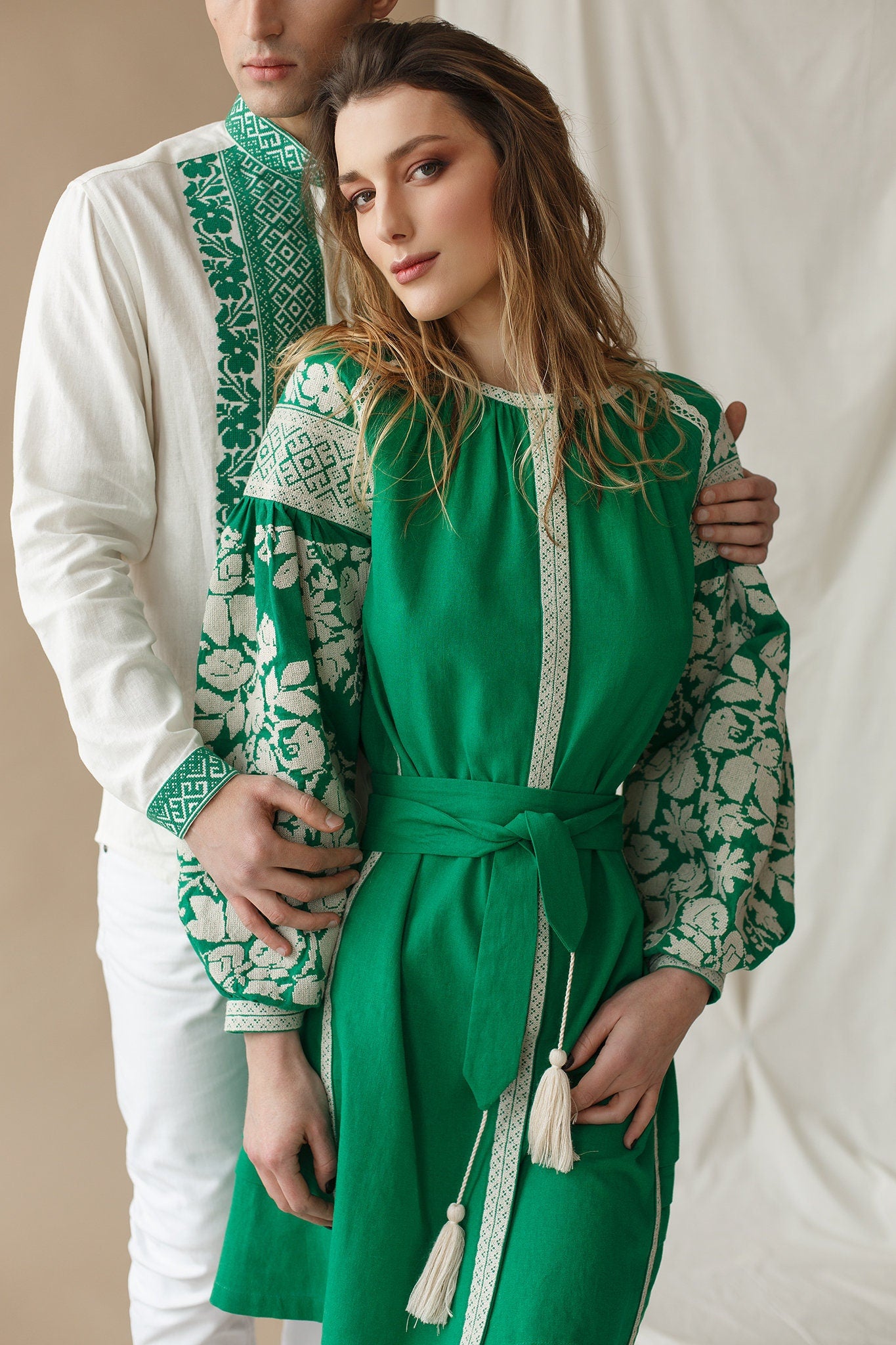 Embroidered Ukrainian Vyshyvanka Green Linen Boho Dress for Women