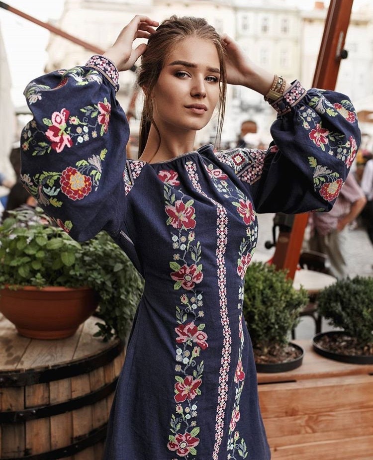 Blue Ukrainian Vyshyvanka Embroidered Dress for Women