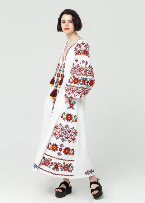 White Ukrainian Vyshyvanka Linen Dress | Embroidered Boho Wedding Dress