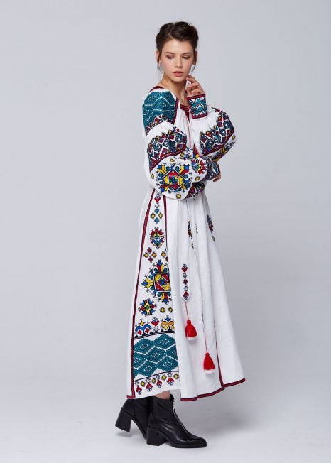 Linen White Embroidered Ukrainian Vyshyvanka Dress - Limited Collection Boho Style