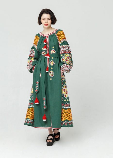 Ukrainian Embroidered Green Linen Boho Vyshyvanka Dress