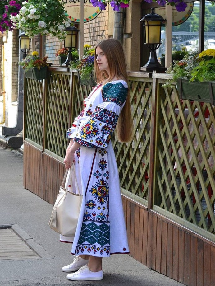 White Linen Wedding Dress, Ukrainian Vyshyvanka Boho Style