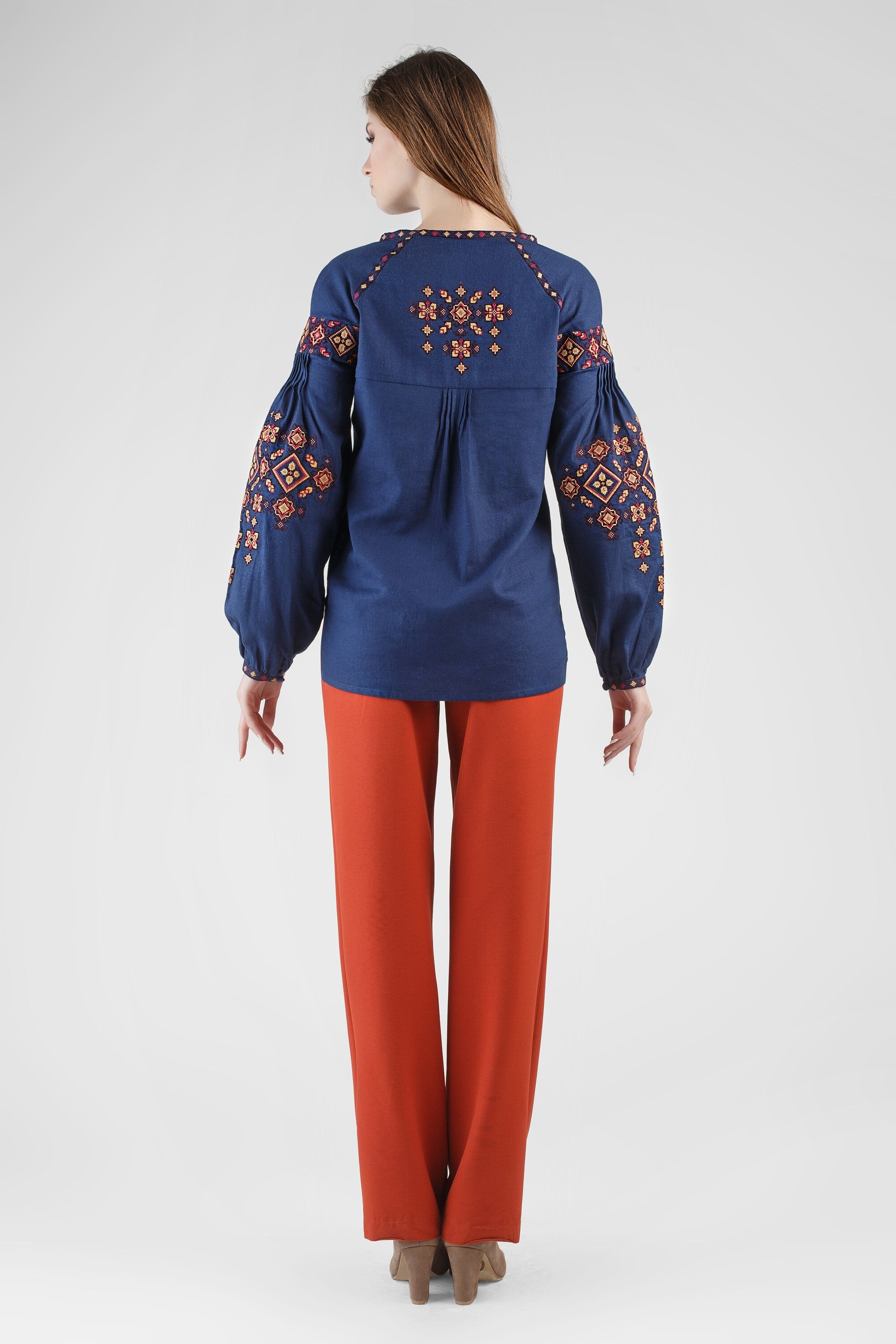 Blue Linen Embroidered Ukrainian Vyshyvanka Blouse for Women