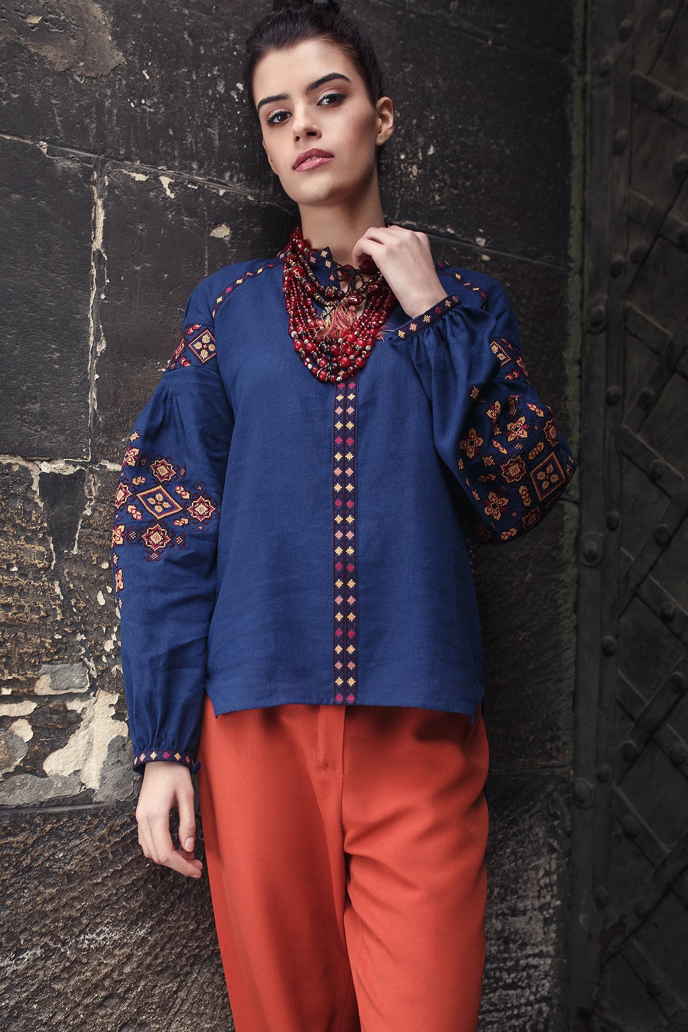 Blue Linen Embroidered Ukrainian Vyshyvanka Blouse for Women