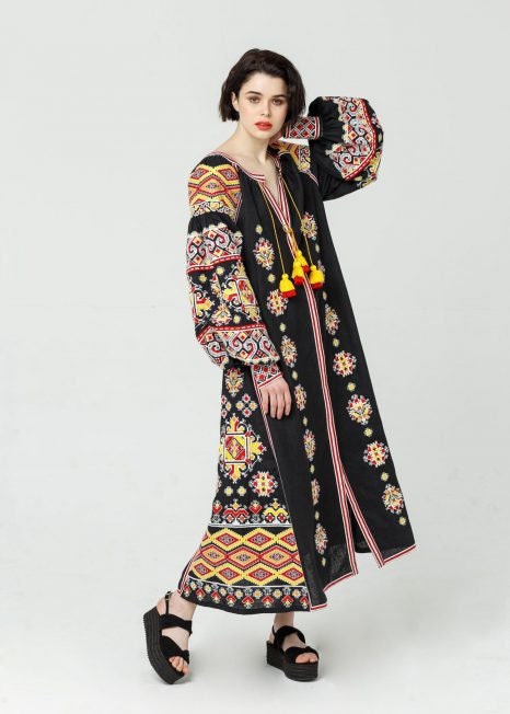 Linen Black Embroidered Ukrainian Vyshyvanka Dress - Boho Style