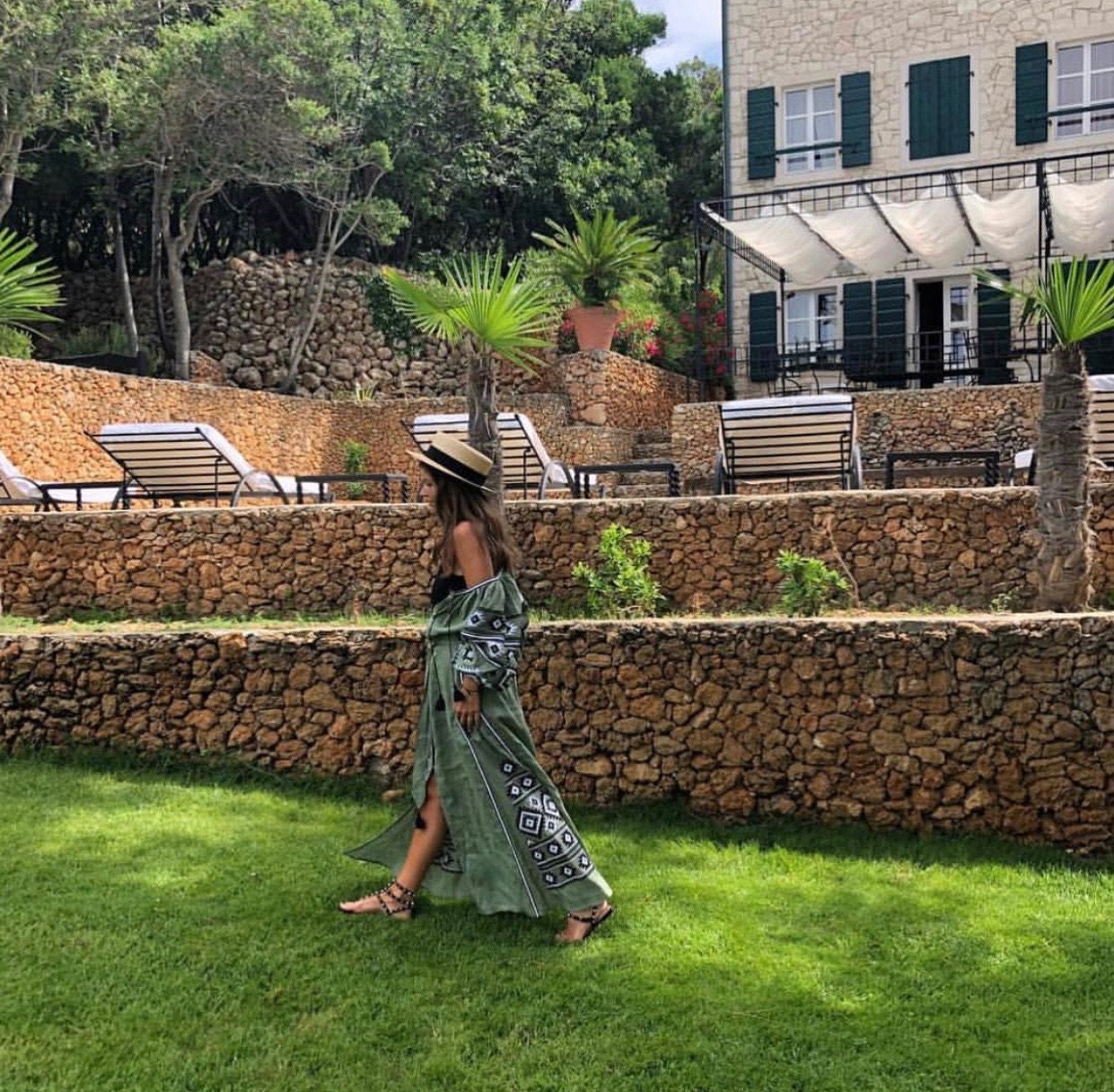 Green Linen Embroidered Vyshyvanka Dress for Women