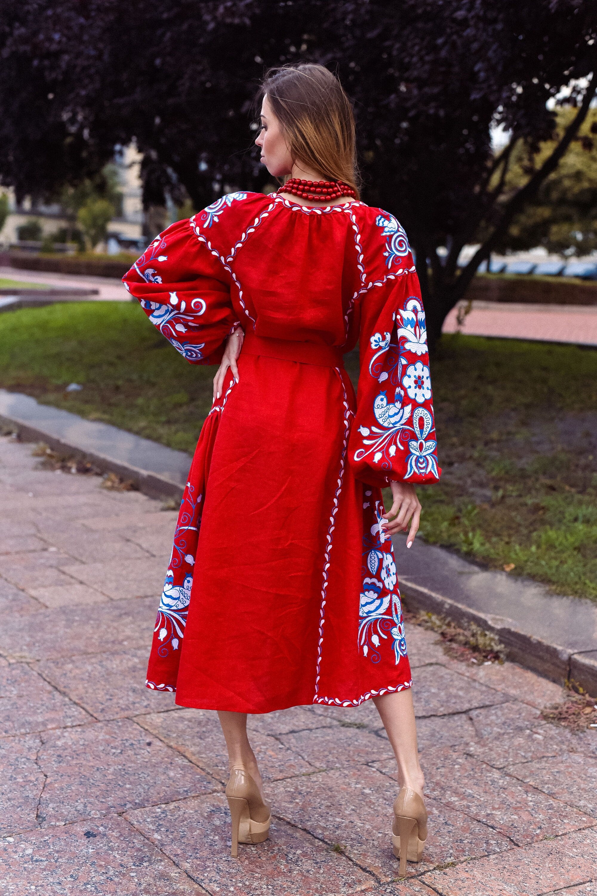 Red Embroidered Linen Boho Dress – American Independence Day & Ukrainian Vyshyvanka Style