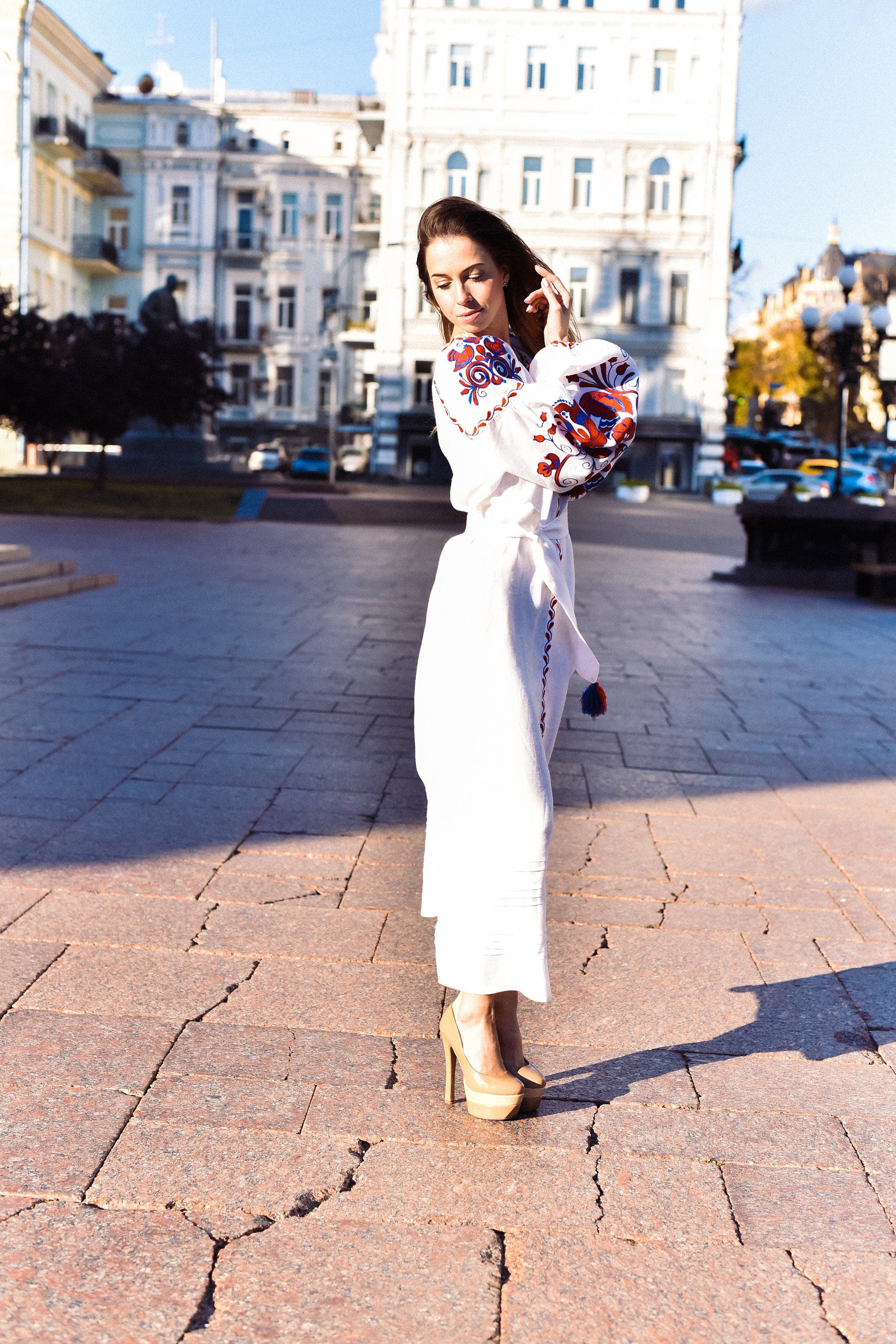 Embroidered Ukrainian Vyshyvanka White Linen Dress for Women