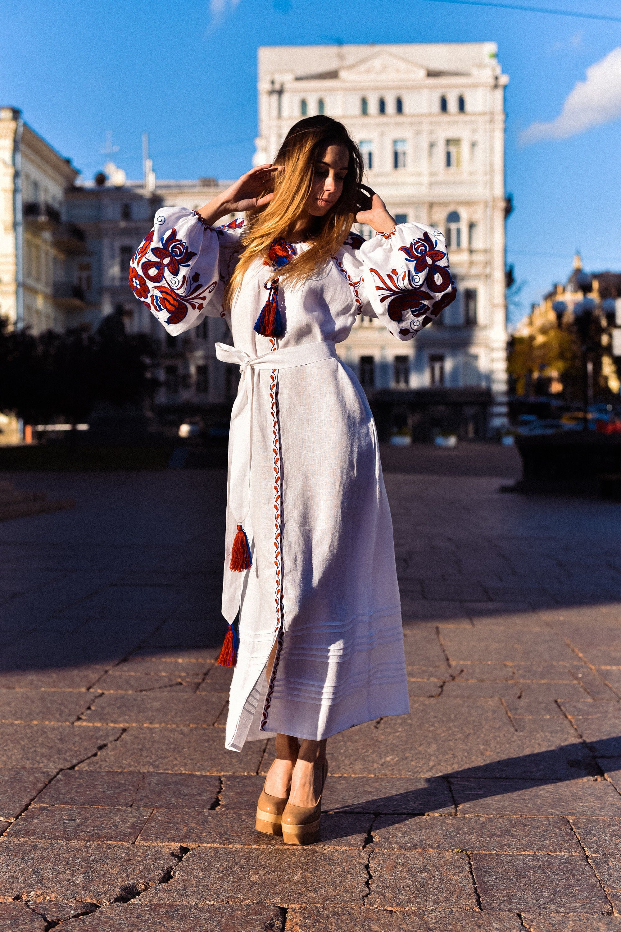 Embroidered Ukrainian Vyshyvanka White Linen Dress for Women