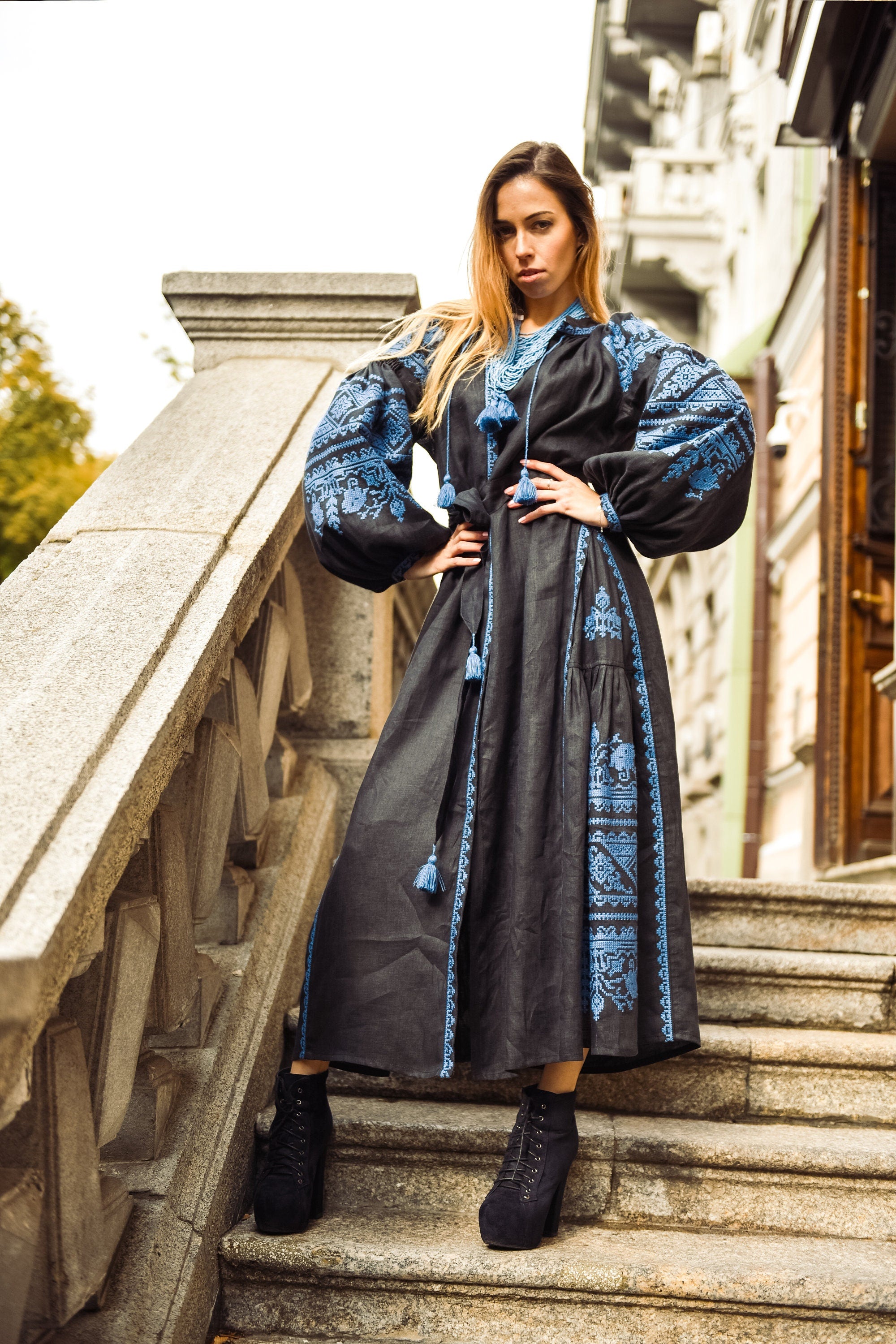 Black Embroidered Linen Kaftan Dress - Ukrainian Vyshyvanka Style