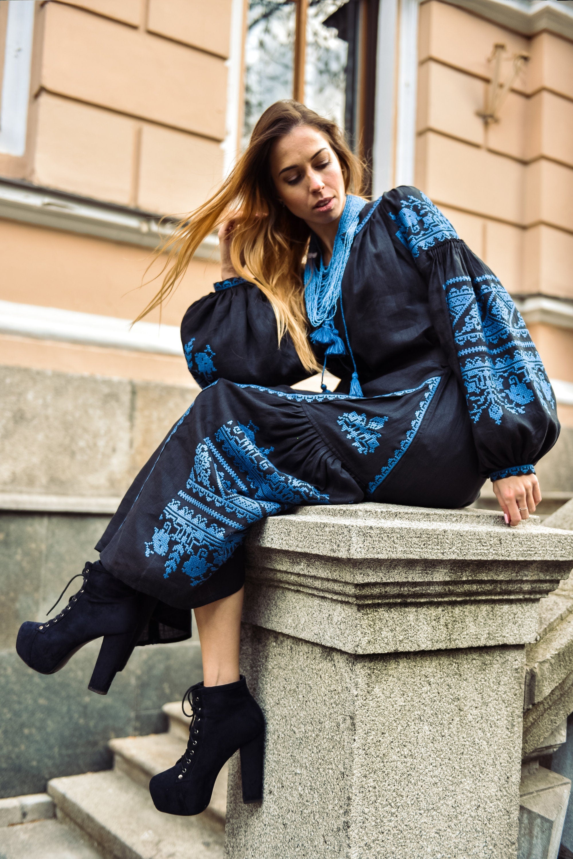 Black Embroidered Linen Kaftan Dress - Ukrainian Vyshyvanka Style