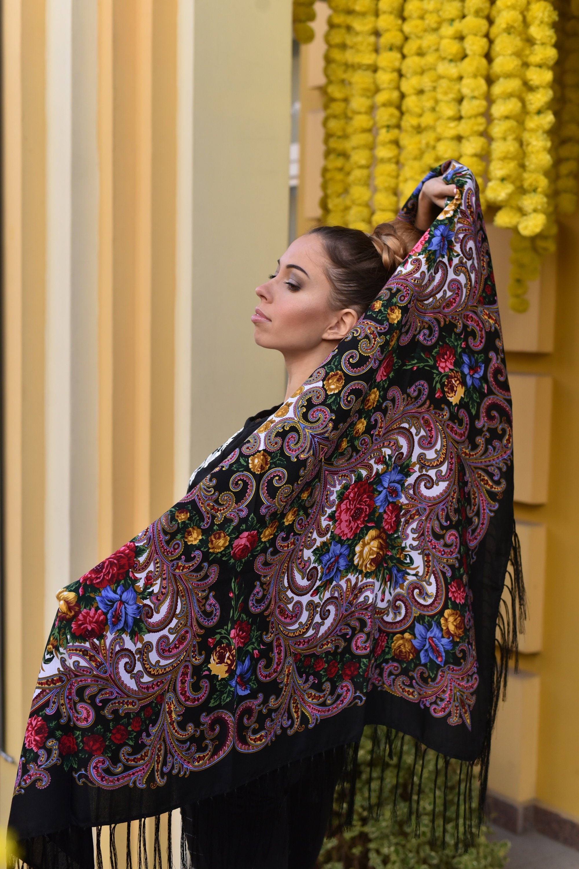 Ukrainian Wool Shawl 80% - Ethnic Floral Scarf, Traditional Hijab